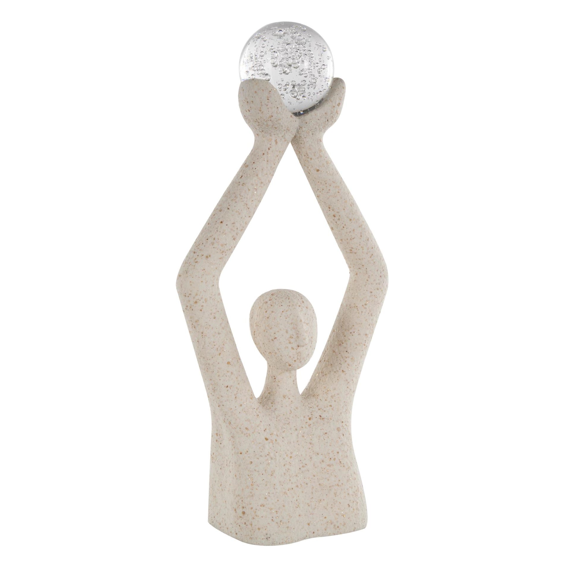 People Cream Polystone Abstract Textured Decorative Sculpture with Clear Glass Ball and Gold Speckles