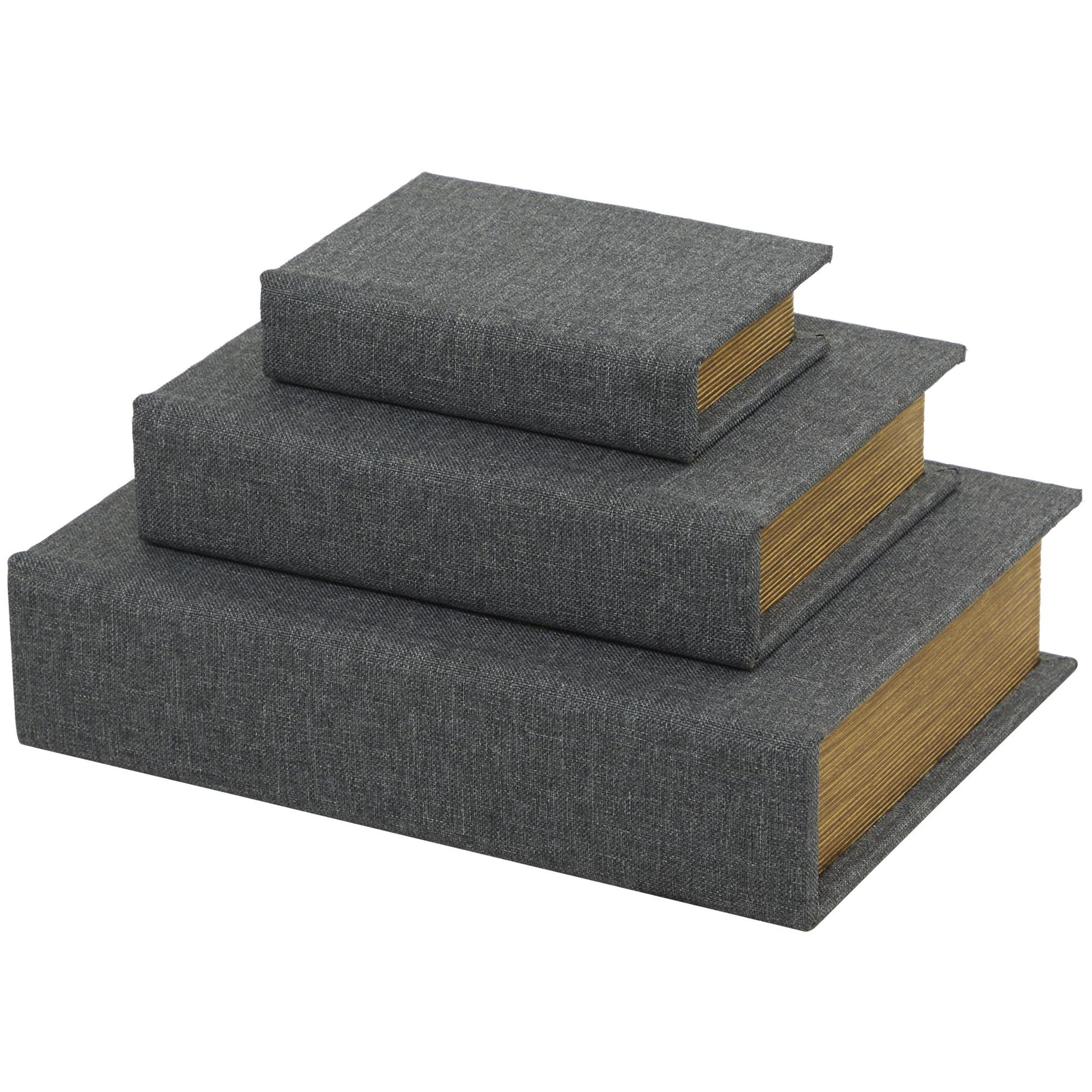 Set of 3 Linen Fabric Textured Faux Book Storage Decorative Box with Gold Page Detailing