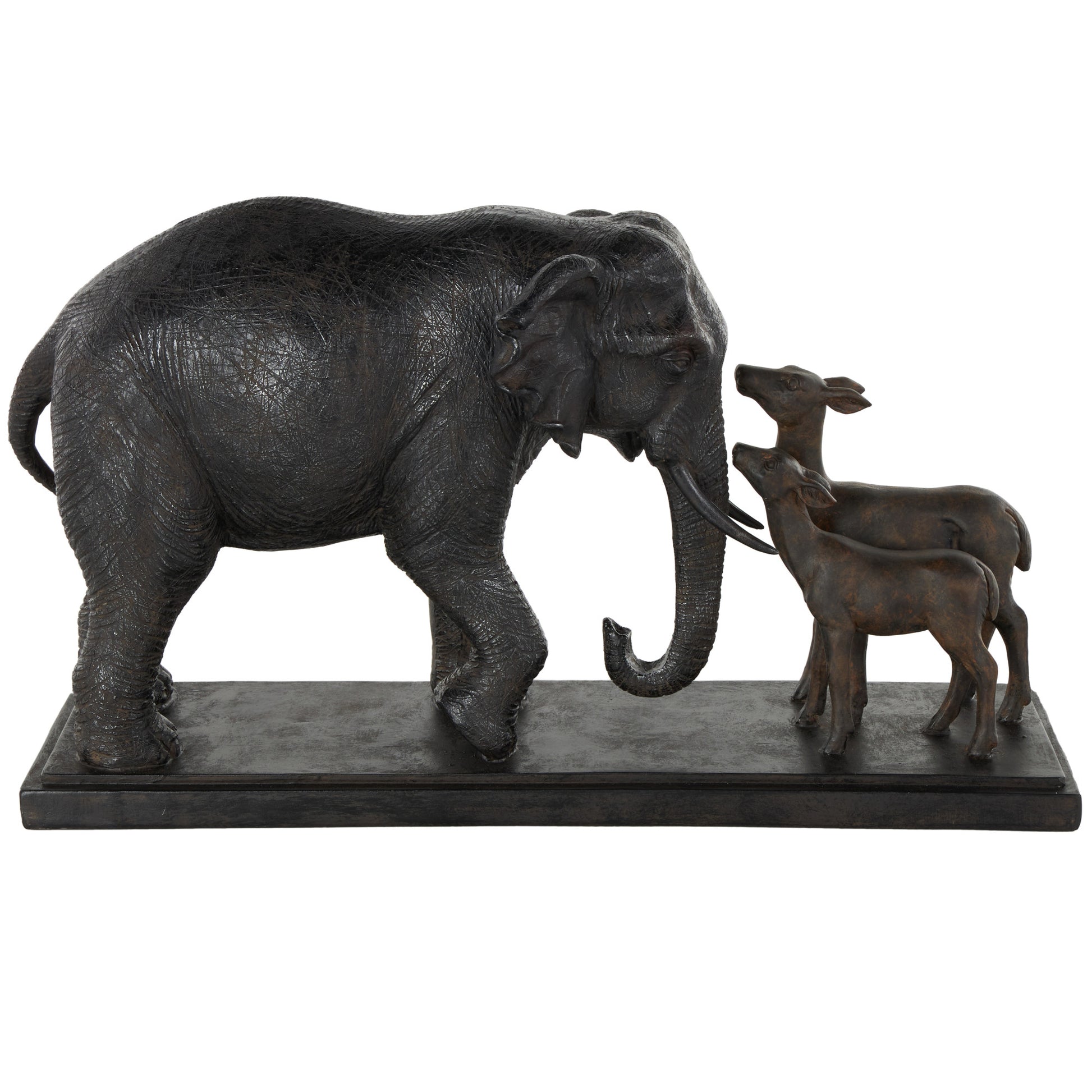 Elephant Black Resin Walking Decorative Sculpture with Dark Brown Deer