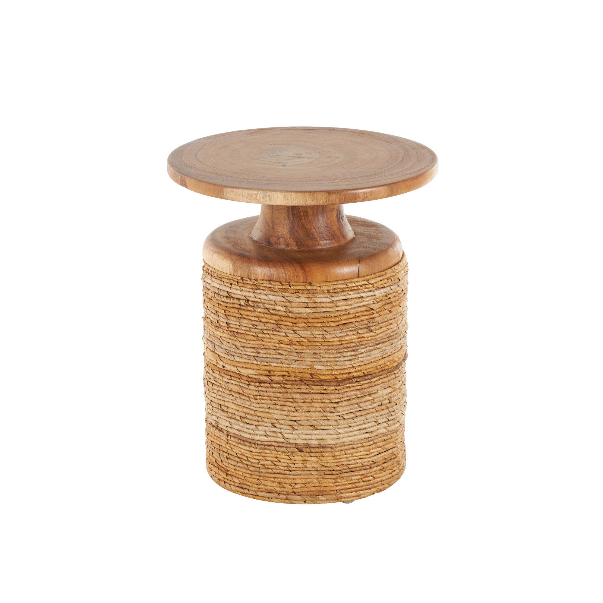 Brown Banana Leaf Handmade Woven Side End Accent Table with Wooden Tabletop
