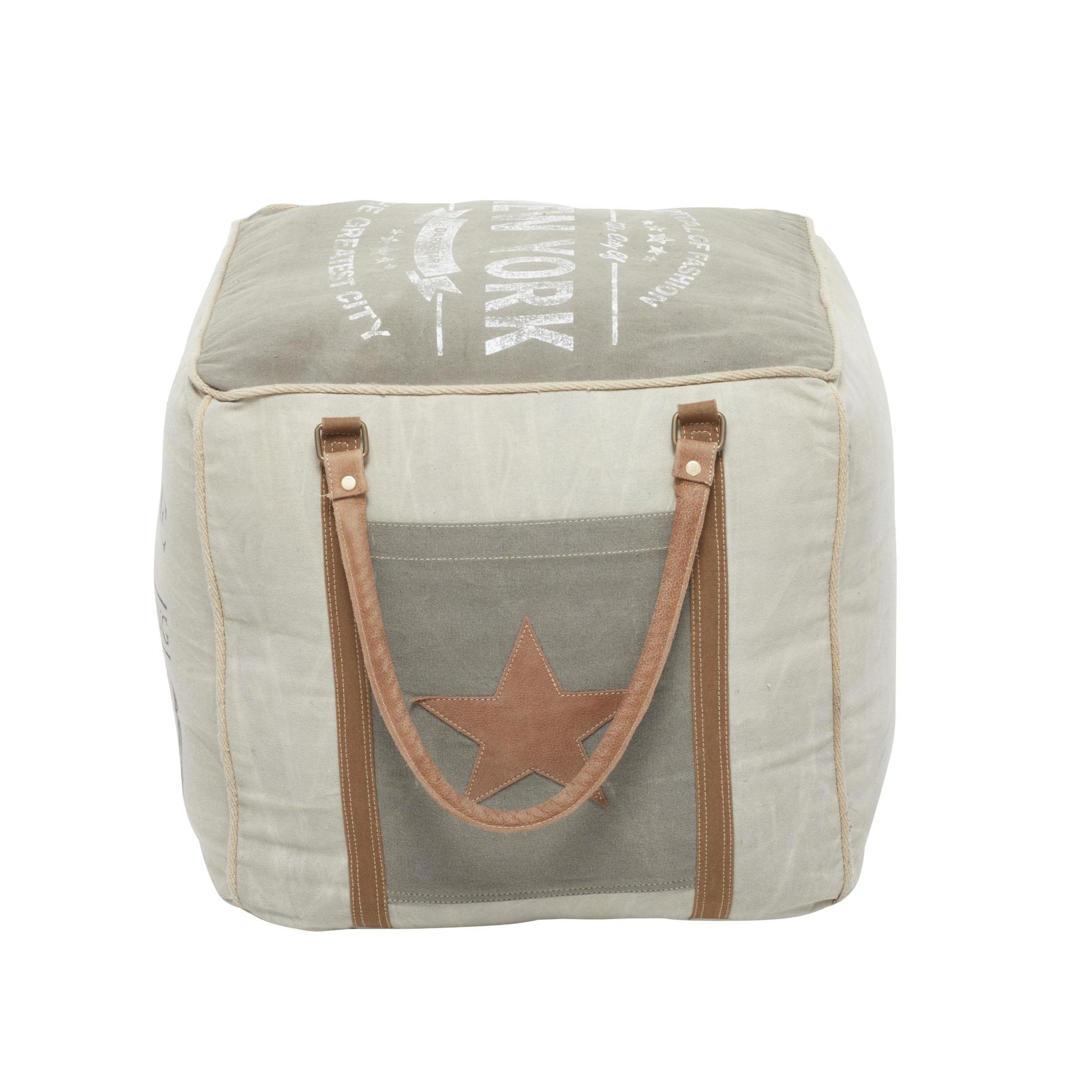 Star Canvas Stuffed Pouf with Leather Accents