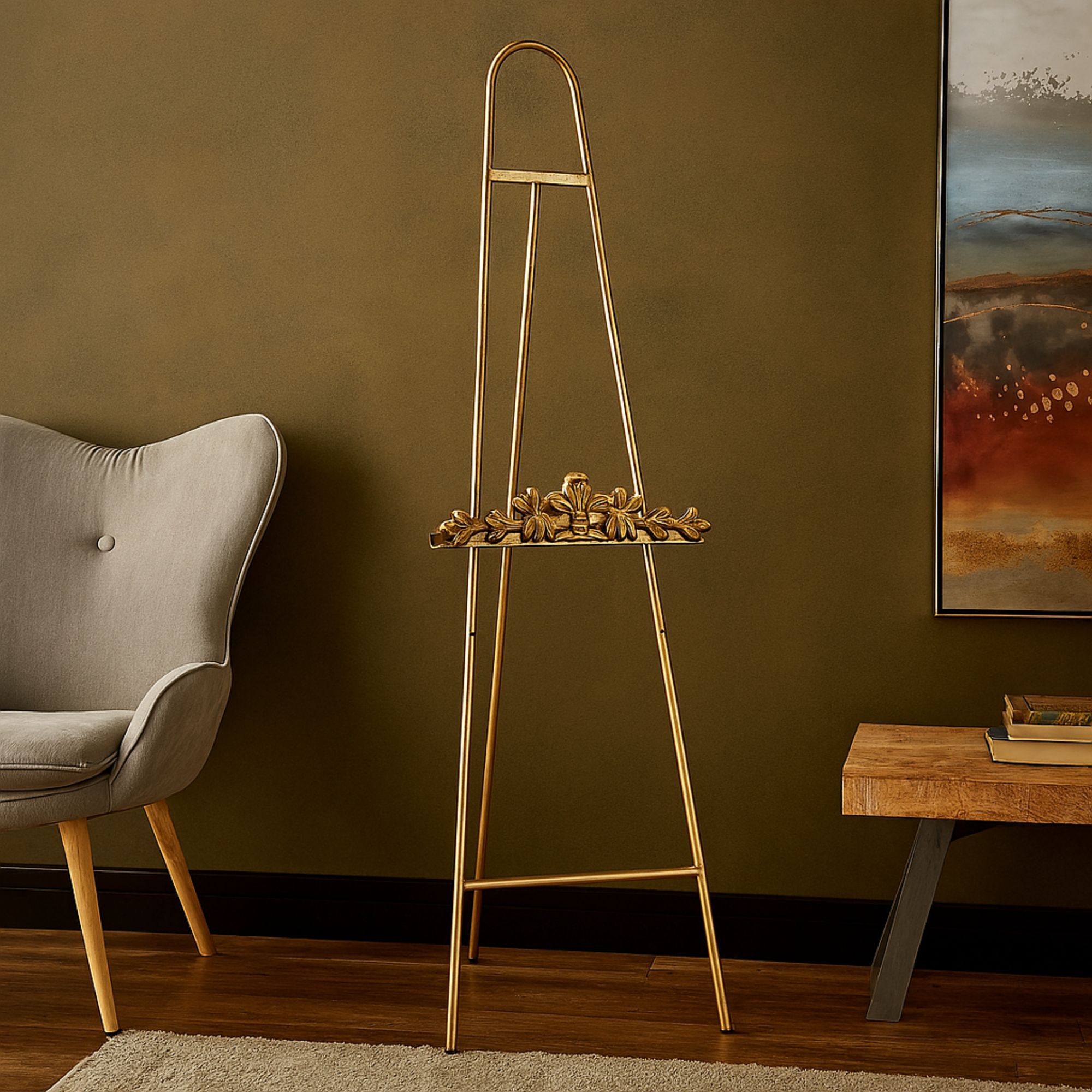 Gold Metal Arched Foldable Display Easel with Vine Emblem