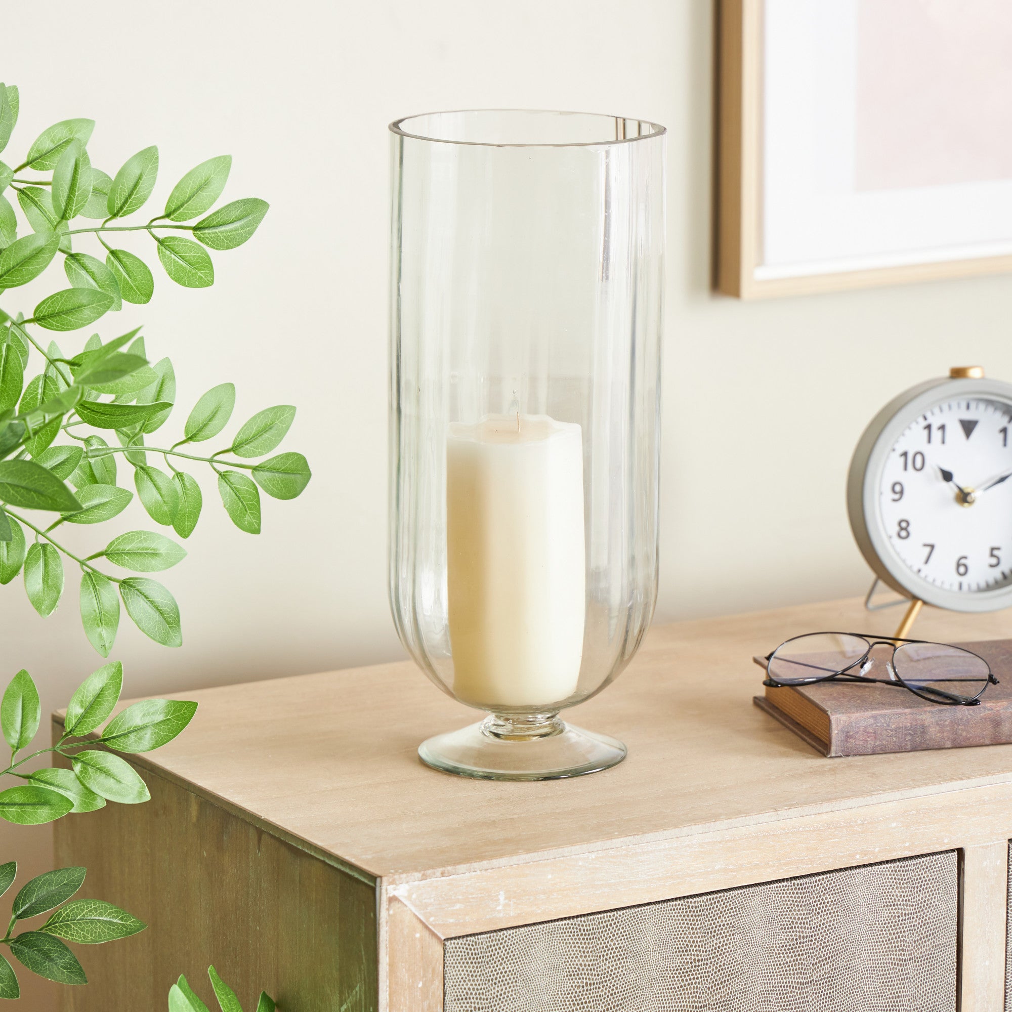 Clear Glass Ribbed Fluted Decorative Candle Holder with Elevated Base