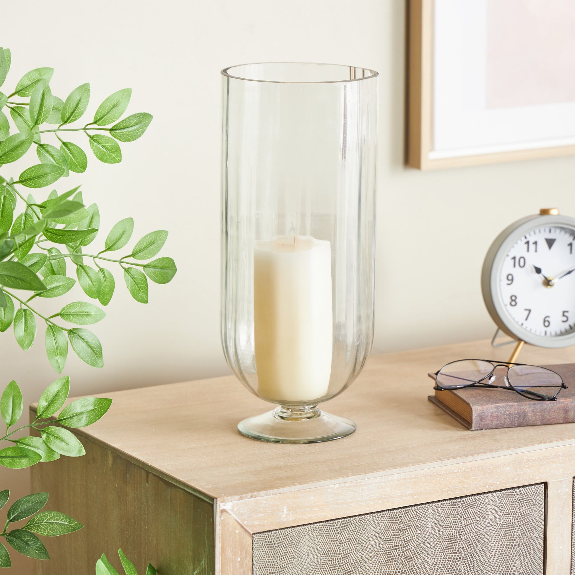Clear Glass Ribbed Fluted Decorative Candle Holder with Elevated Base