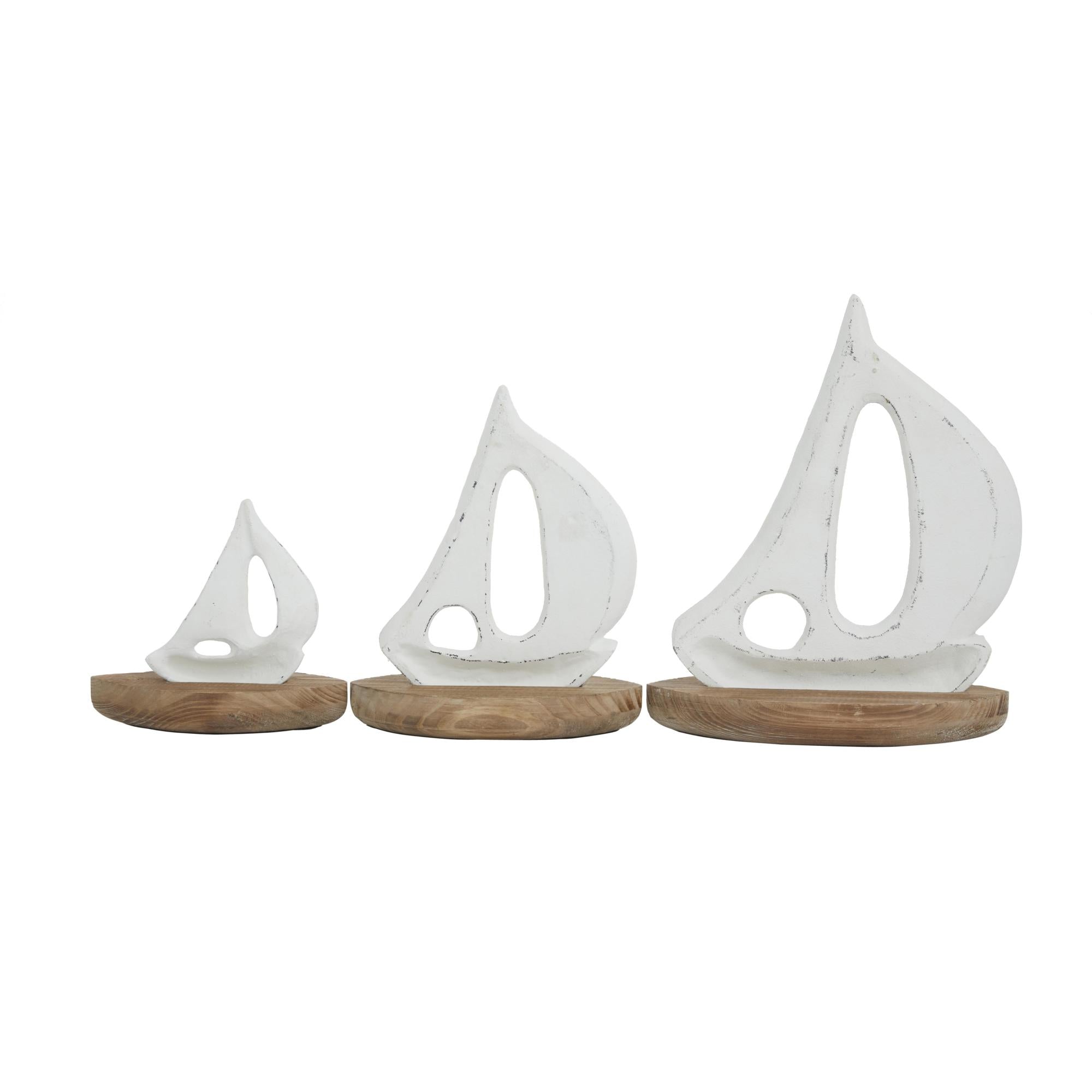 Set of 3 Sail Boat White Wood Decorative Sculpture with Wood Base