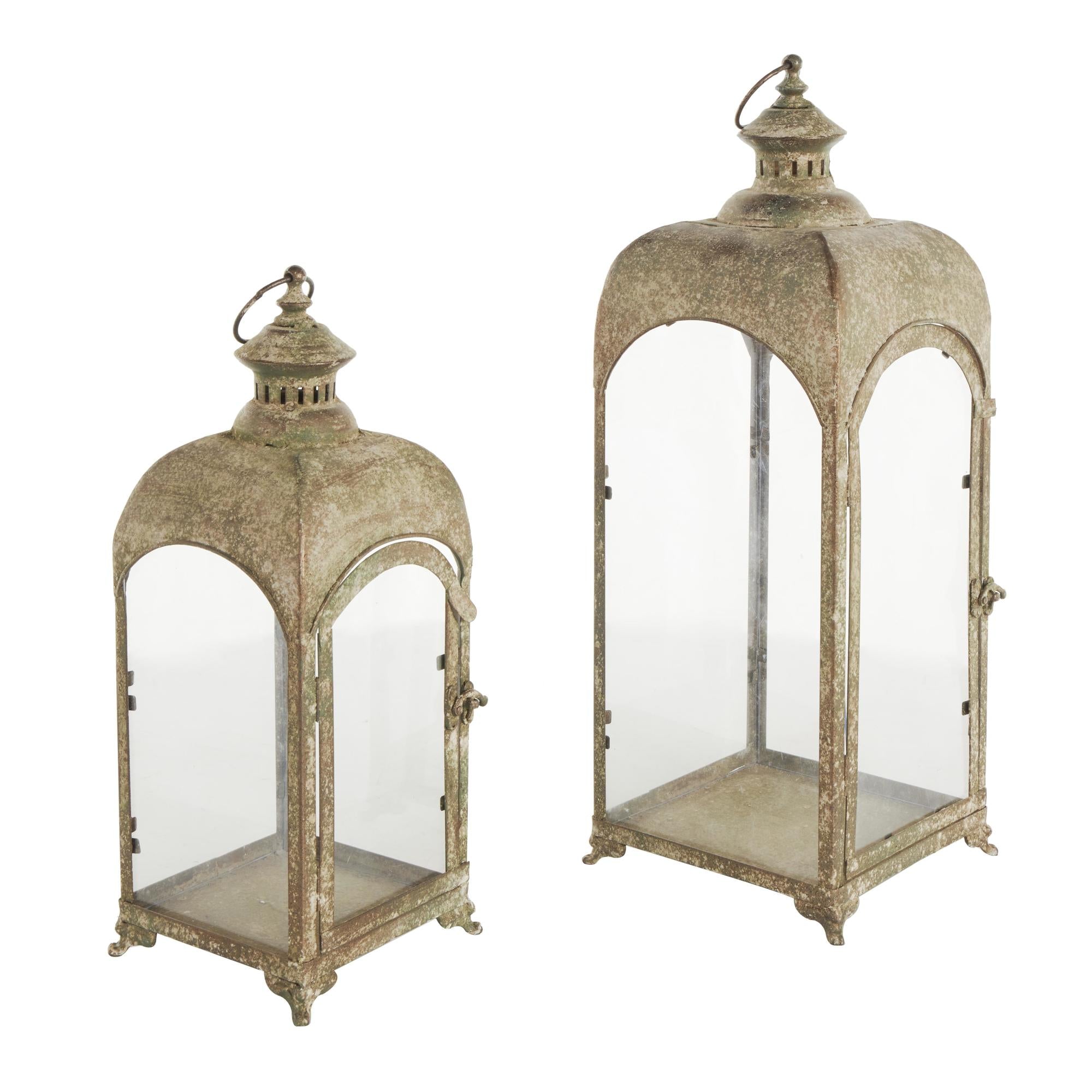 Set of 2 Brown Metal Distressed Vintage Inspired Indoor Outdoor Candle Lantern with Arched Glass Panels