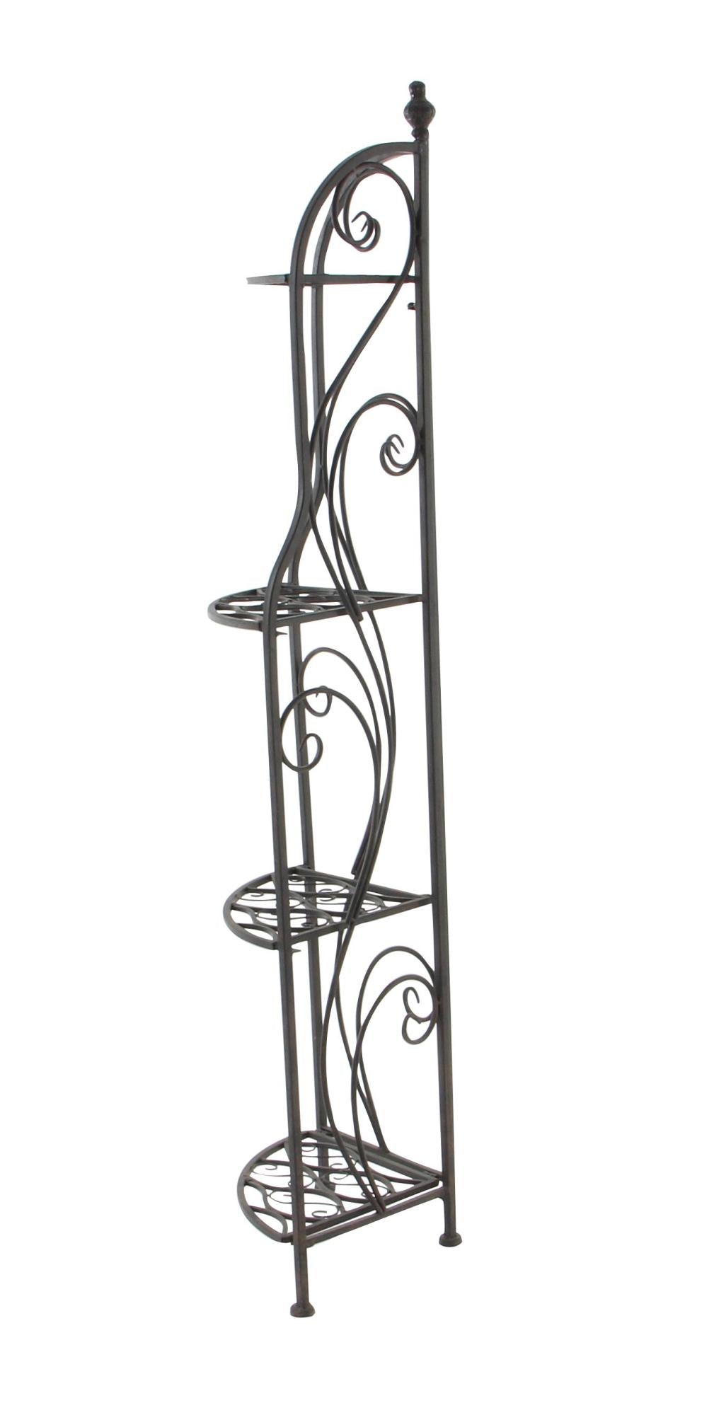 Scroll Black Metal Indoor Outdoor Arched Tall Folding Corner 4 Shelf Decorative Bakers Rack