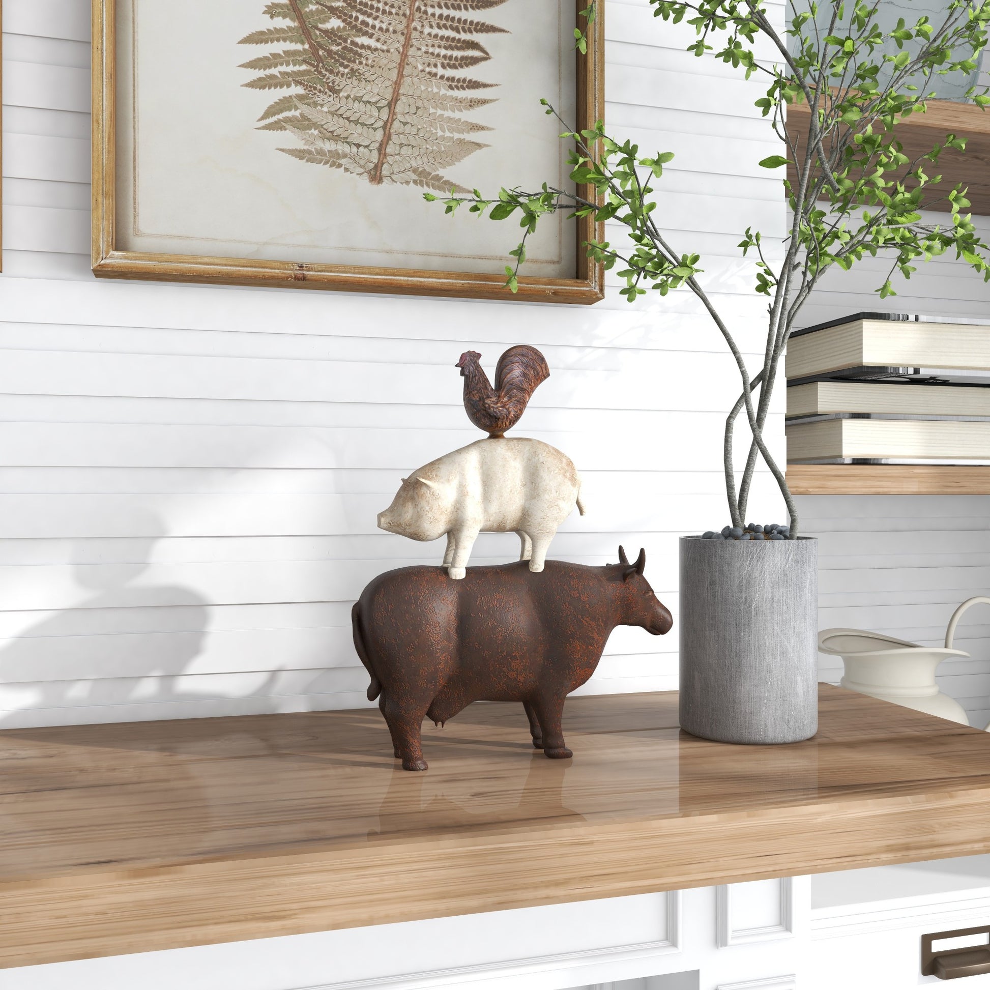 Farm Animals Brown Polystone Stacked Decorative Sculpture with Cream Accent