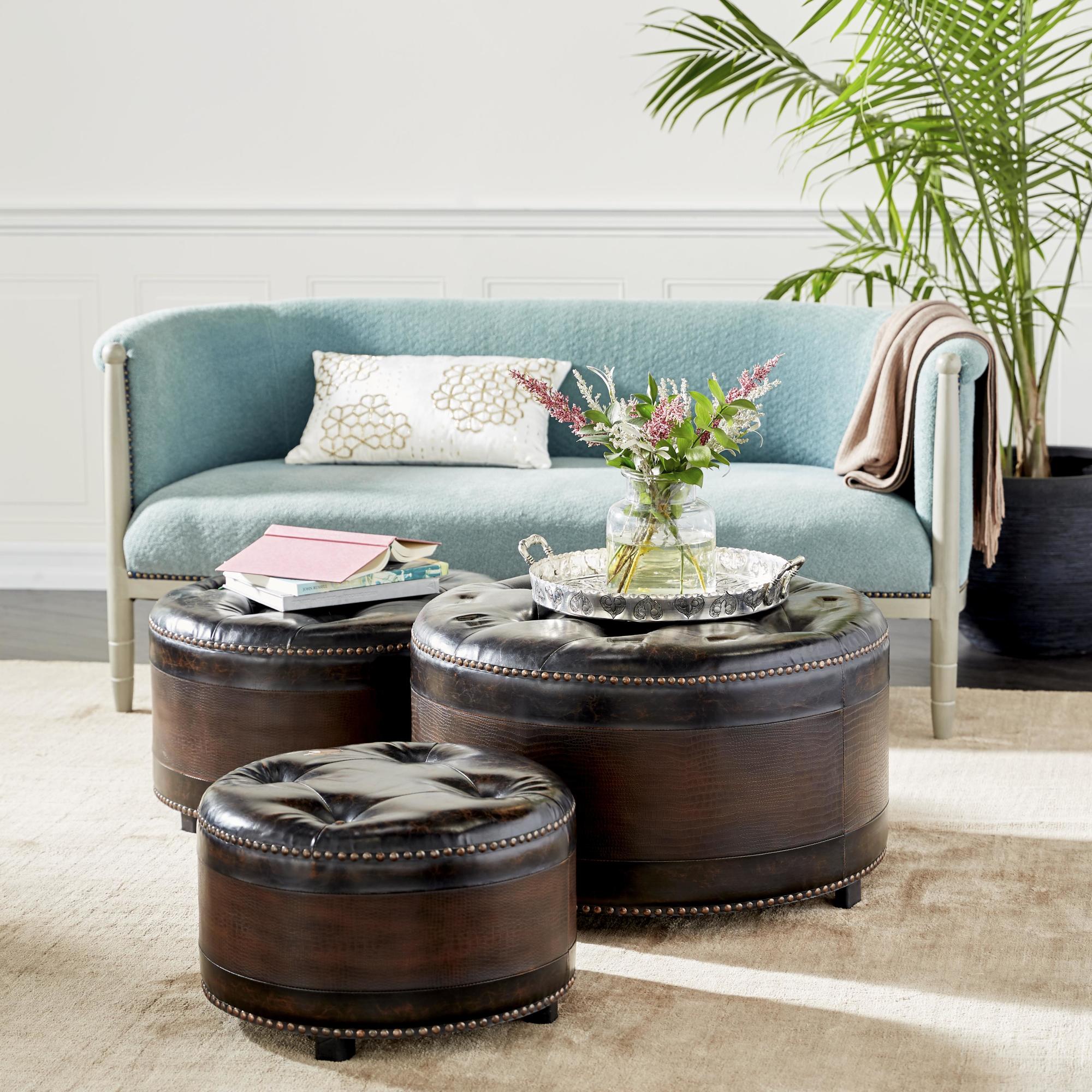 Set of 3 Dark Brown Wooden Room Storage Ottoman with Tufted Top