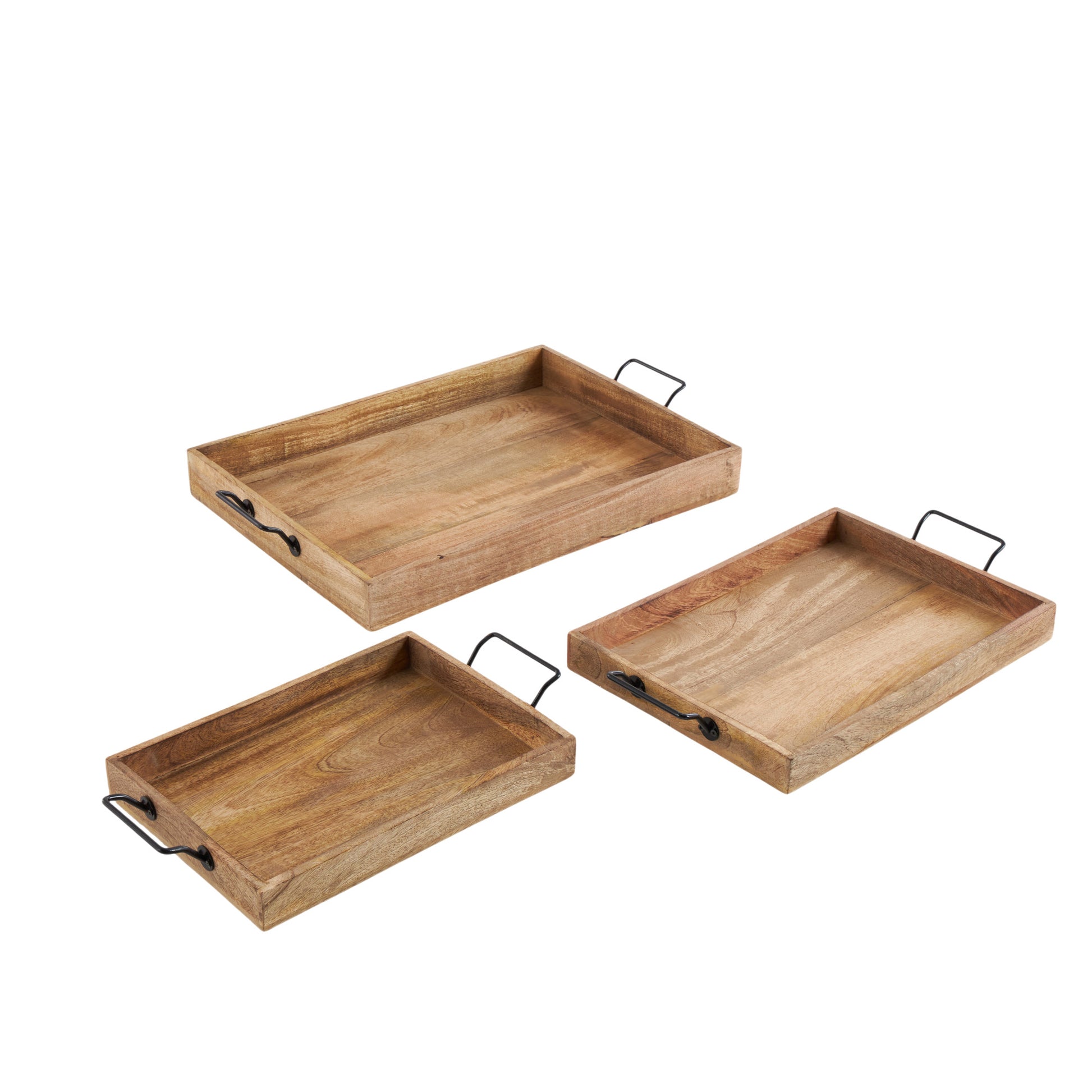 Set of 3 Brown Mango Wood Rectangular Living Room Decor Tray with Black Metal Handles