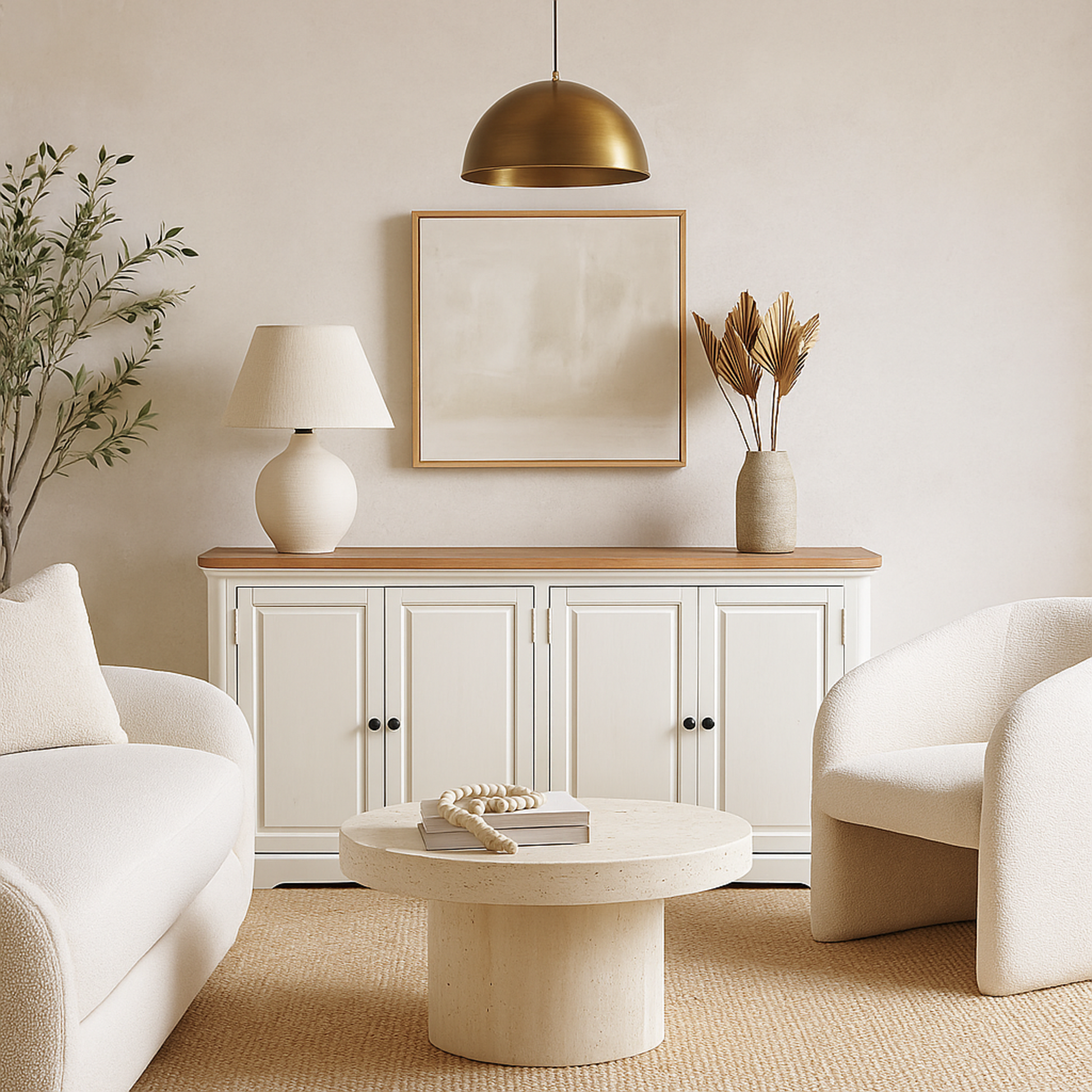 White Wood 4 Door Media Credenza Sideboard with Brown Wood Top and Black Round Knobs