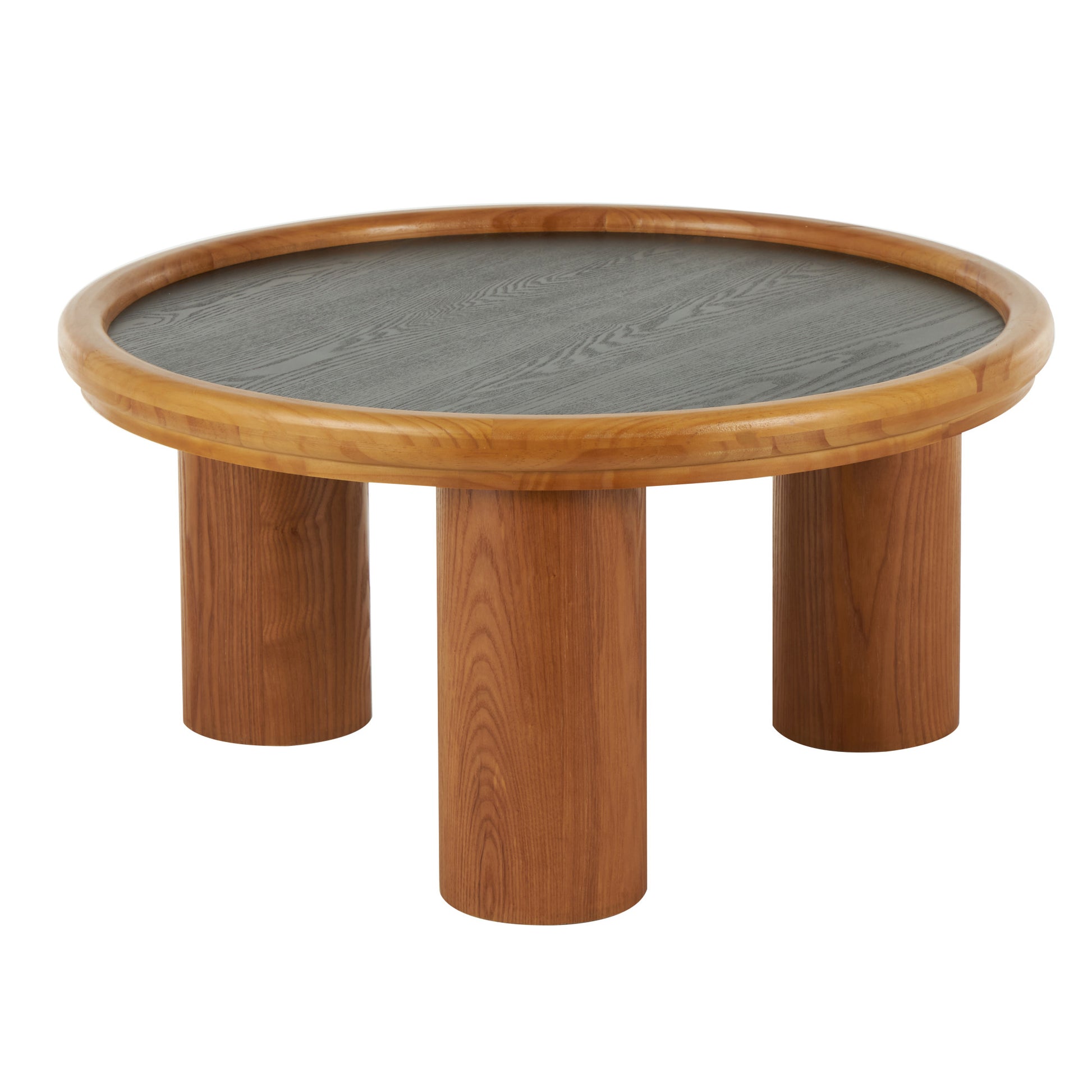 Brown Wood Handmade Round Living Room Coffee Table with Black Tabletop