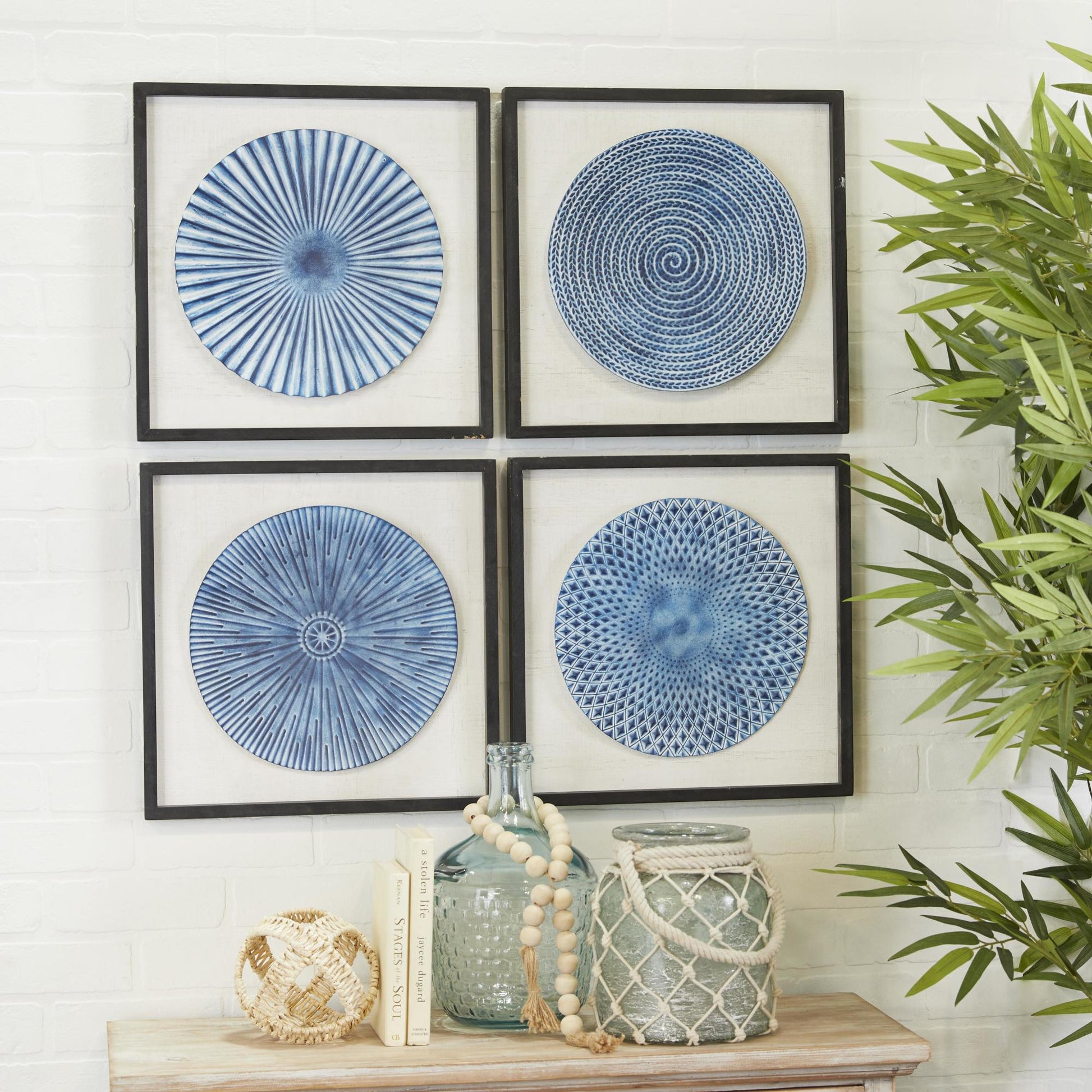 Set of 4 Starburst Blue Metal 3D Spiral Plate Living Room Framed Wall Art with Black Wood Frames