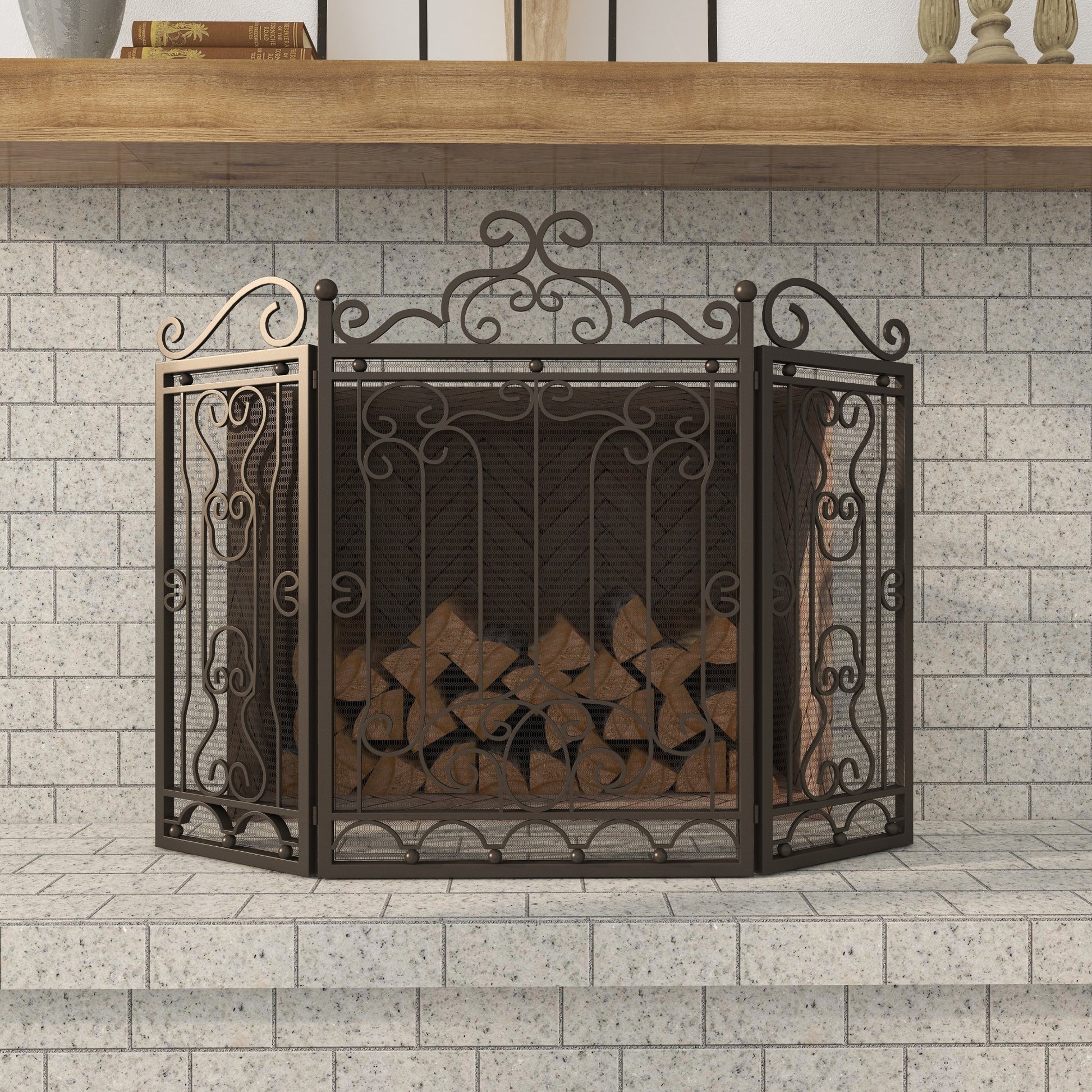 Scroll Dark Brown Metal Foldable Mesh Netting 3 Panel Living Room Fireplace Screen