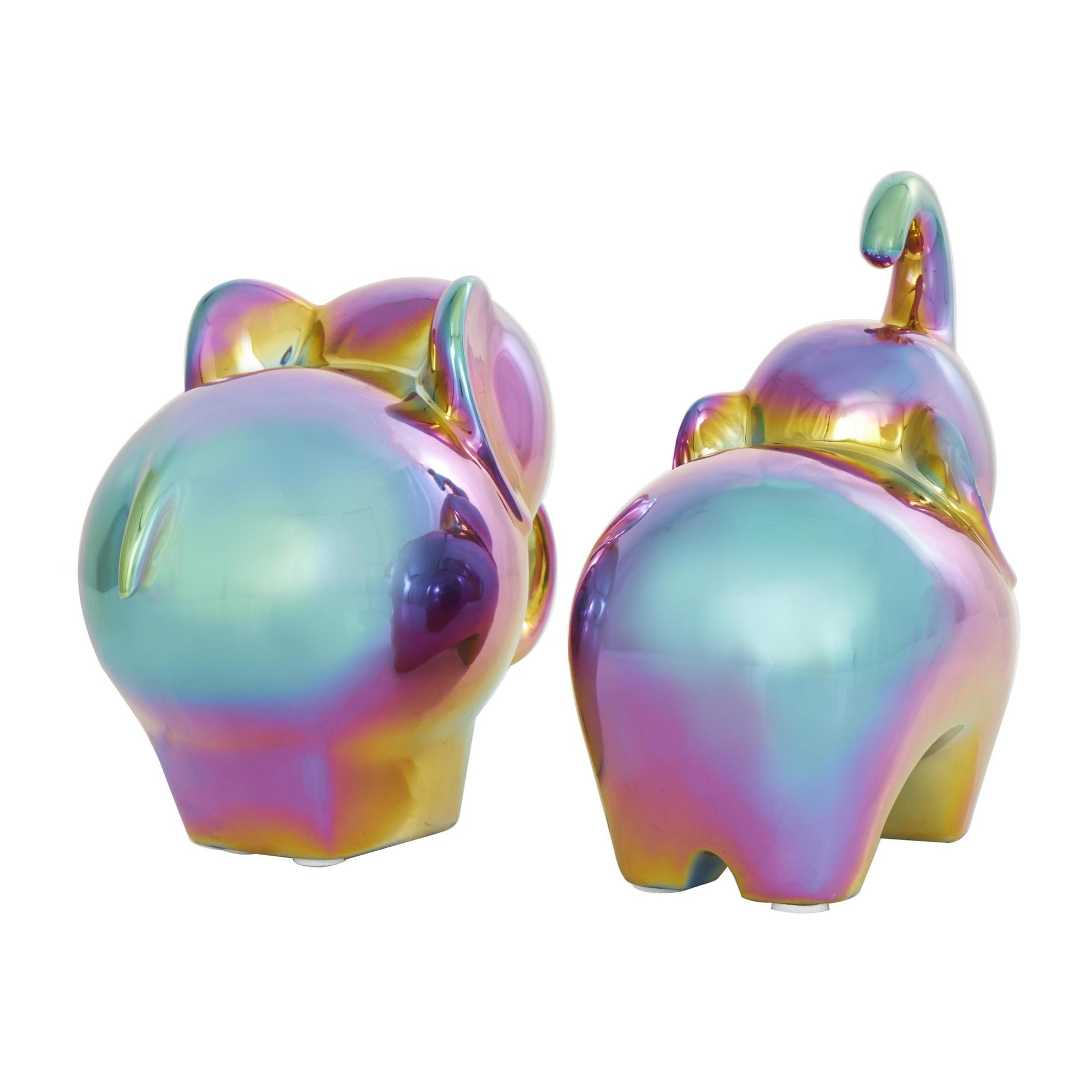 Set of 2 Elephant Ceramic Decorative Sculpture with Rainbow Shimmer Finish