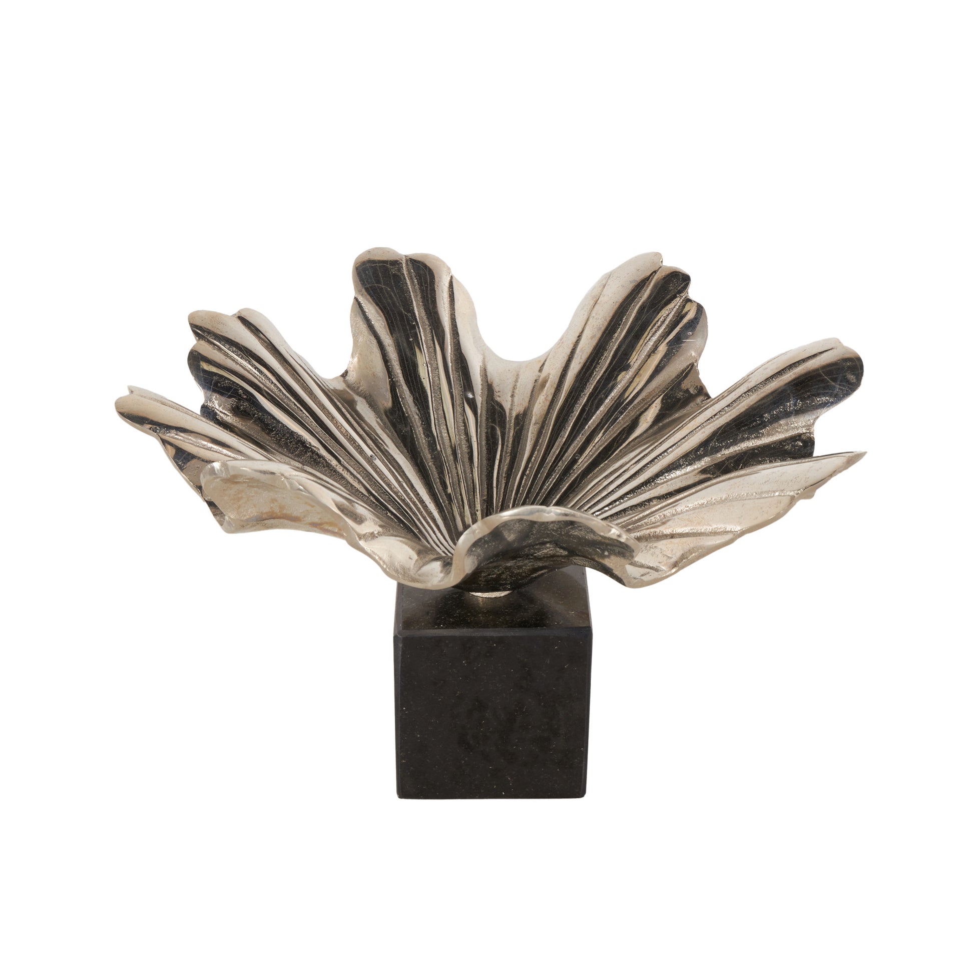 Floral Aluminum Metal Large Decorative Bowl with Black Marble Base