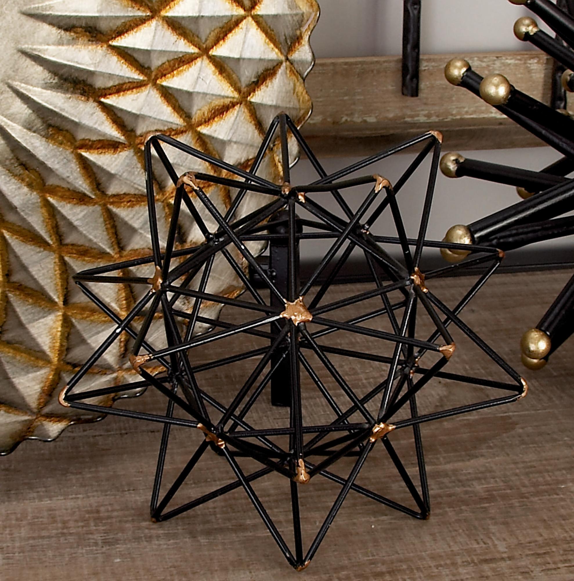 Geometric Black Metal Wire Star Decorative Sculpture with Gold Accents
