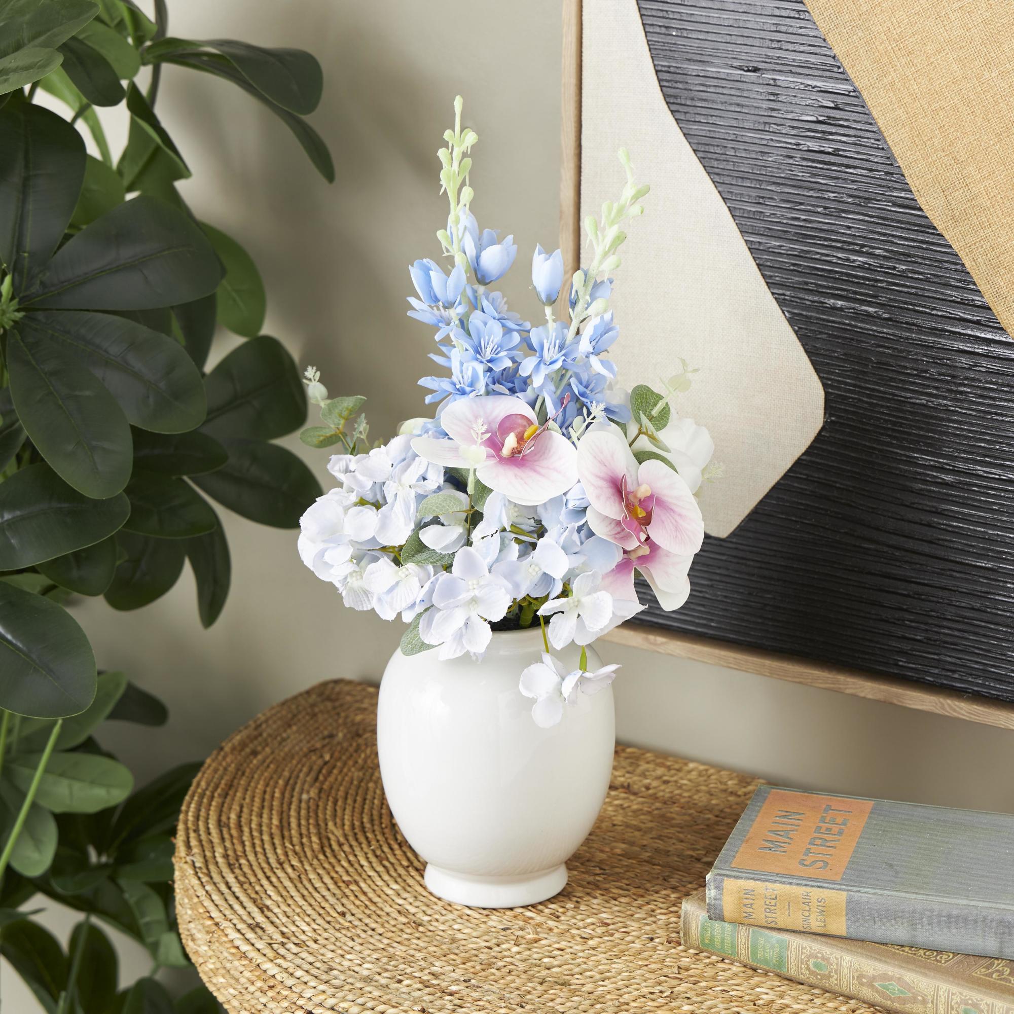 Hydrangea and Pom Pom White Fabric Indoor Outdoor Artificial Flower with Green Leaves and Round Ceramic Vase
