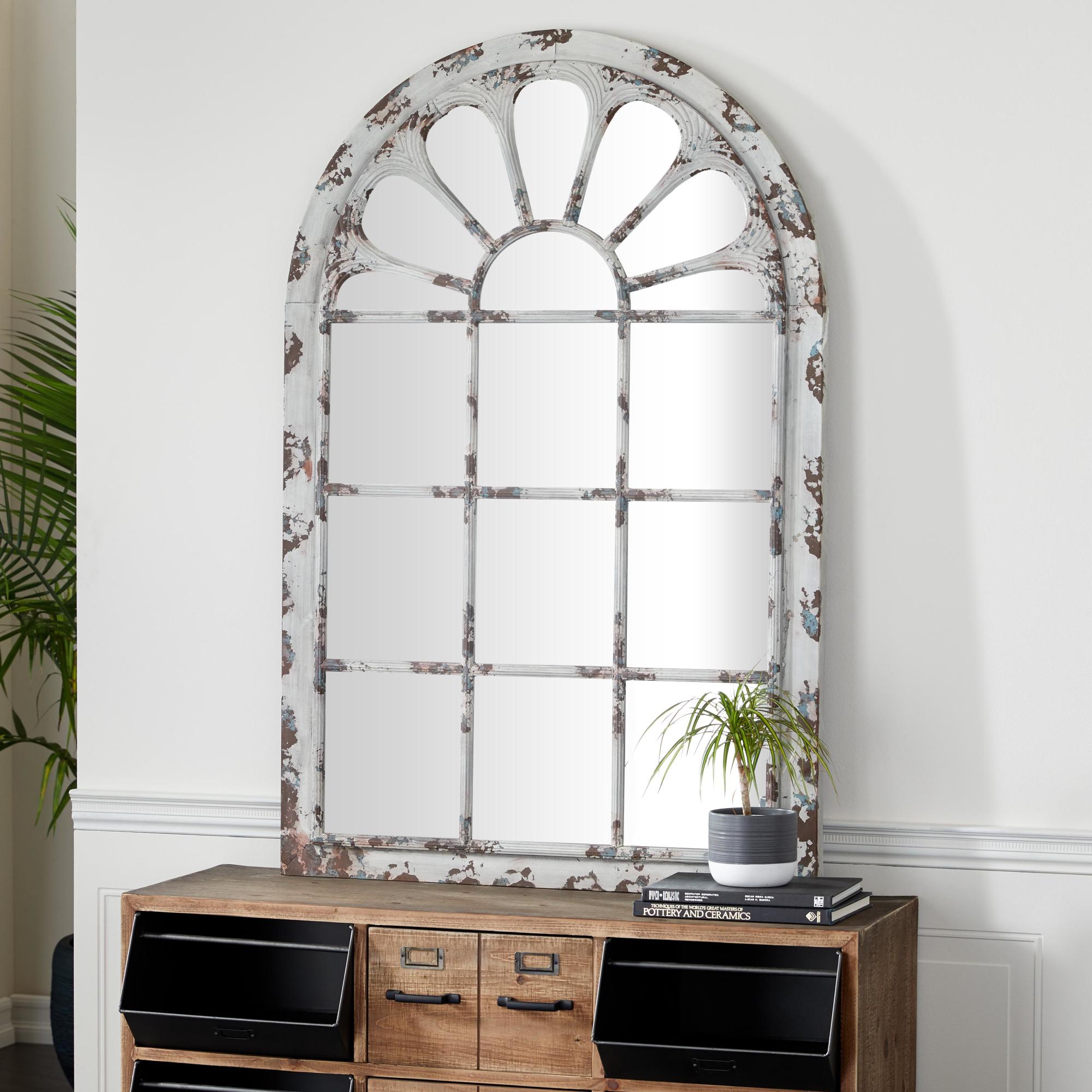 White Metal Window Pane Inspired Room Wall Mirror with Arched Top