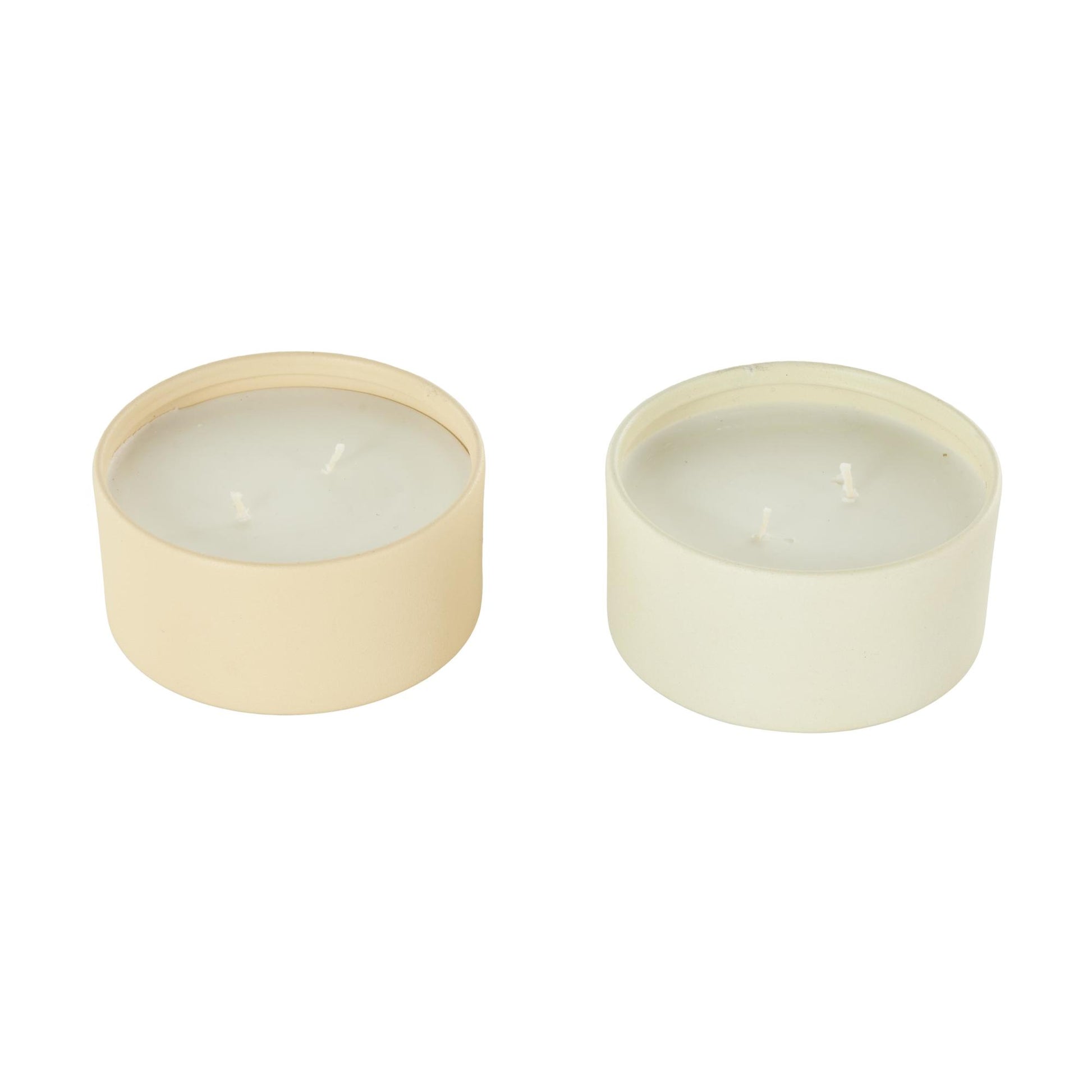 Set of 2 Metal Fresh Cotton / White Tea & Ginger Scented Textured 9oz 2 Wick Decorative Candle with White Wax