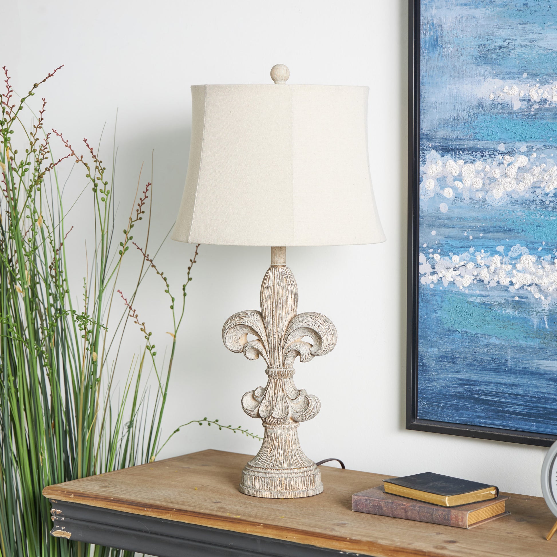 Set of 2 Fleur De Lis Beige Polystone Room Table Lamp