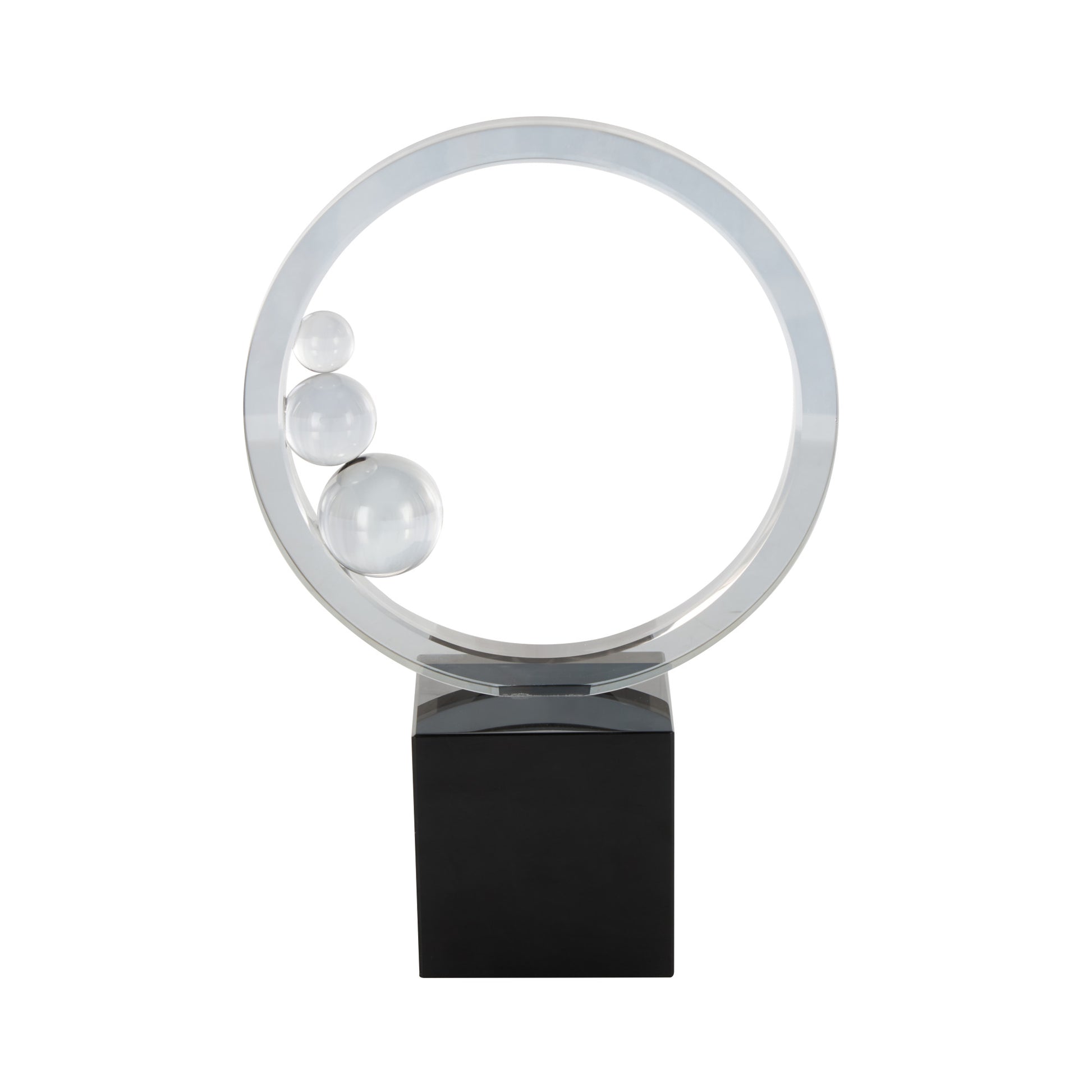 Abstract Clear Glass Ring Decorative Sculpture with Clear Orbs and Black Square Base