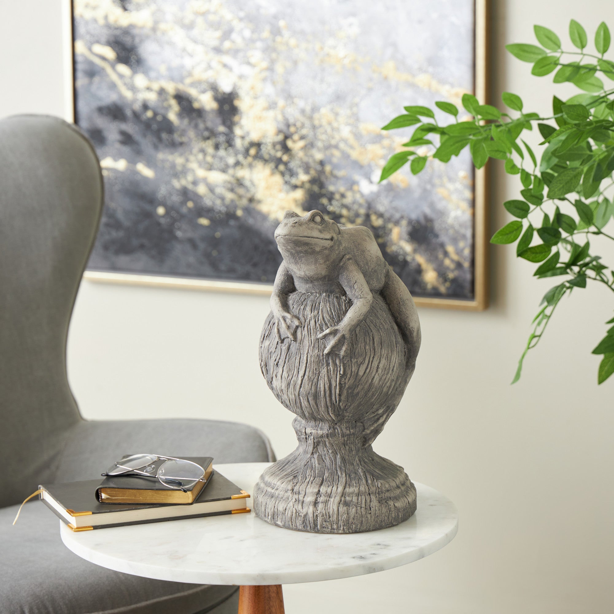 Frog Gray Polystone Textured Decorative Sculpture with Round Base