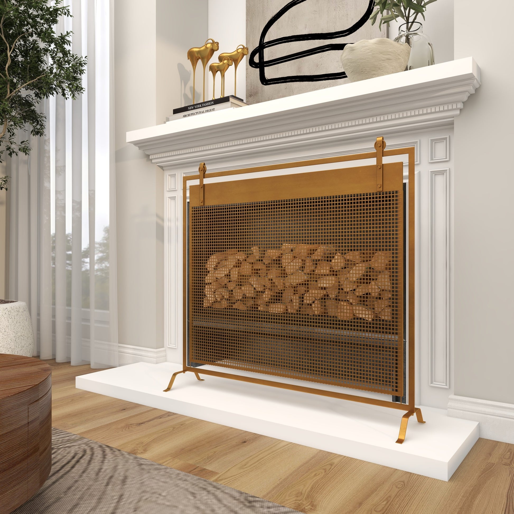 Geometric Metal Suspended Grid Style Single Panel Living Room Fireplace Screen with Bolted Detailing