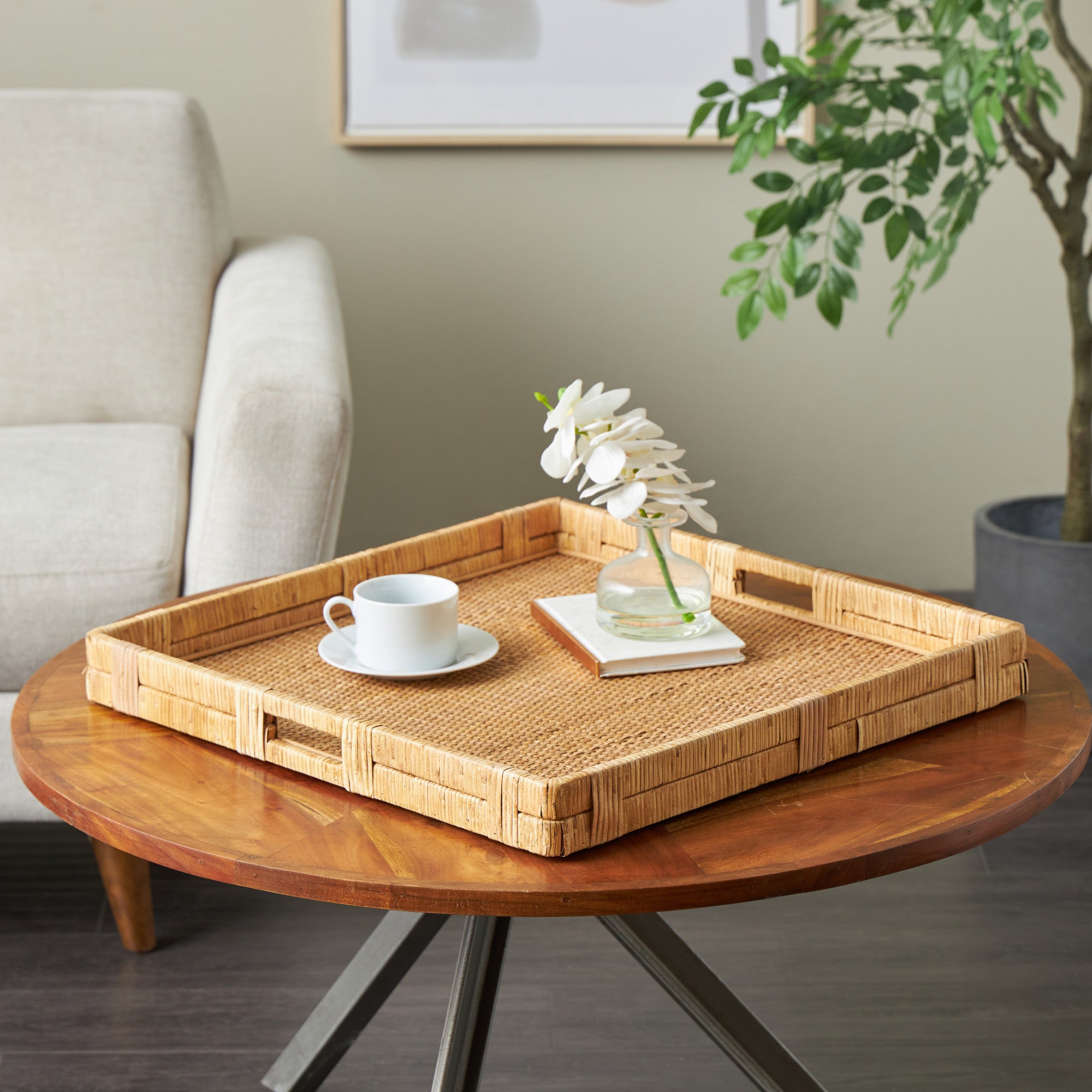 Brown Rattan Handmade Woven Living Room Decor Tray with Slot Handles