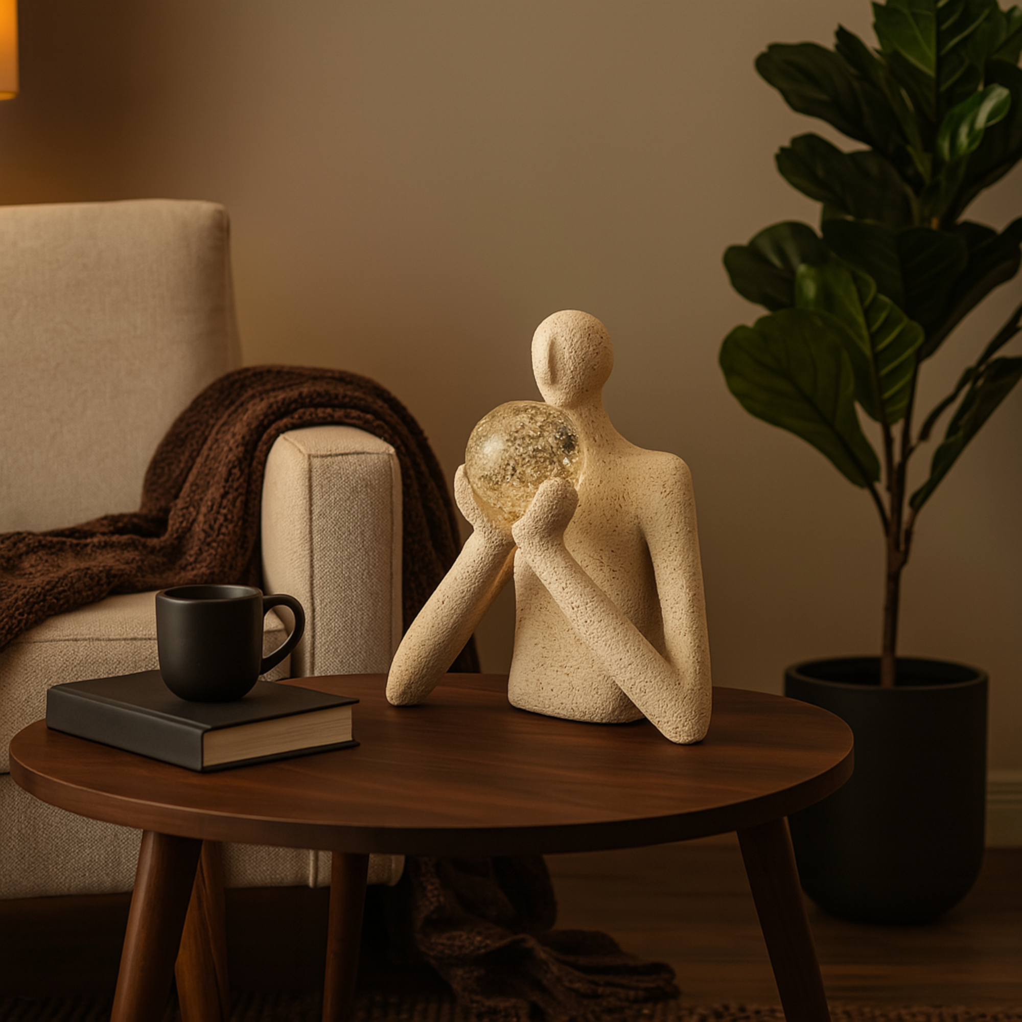 People Cream Polystone Abstract Textured Decorative Sculpture with Clear Glass Ball and Gold Speckles