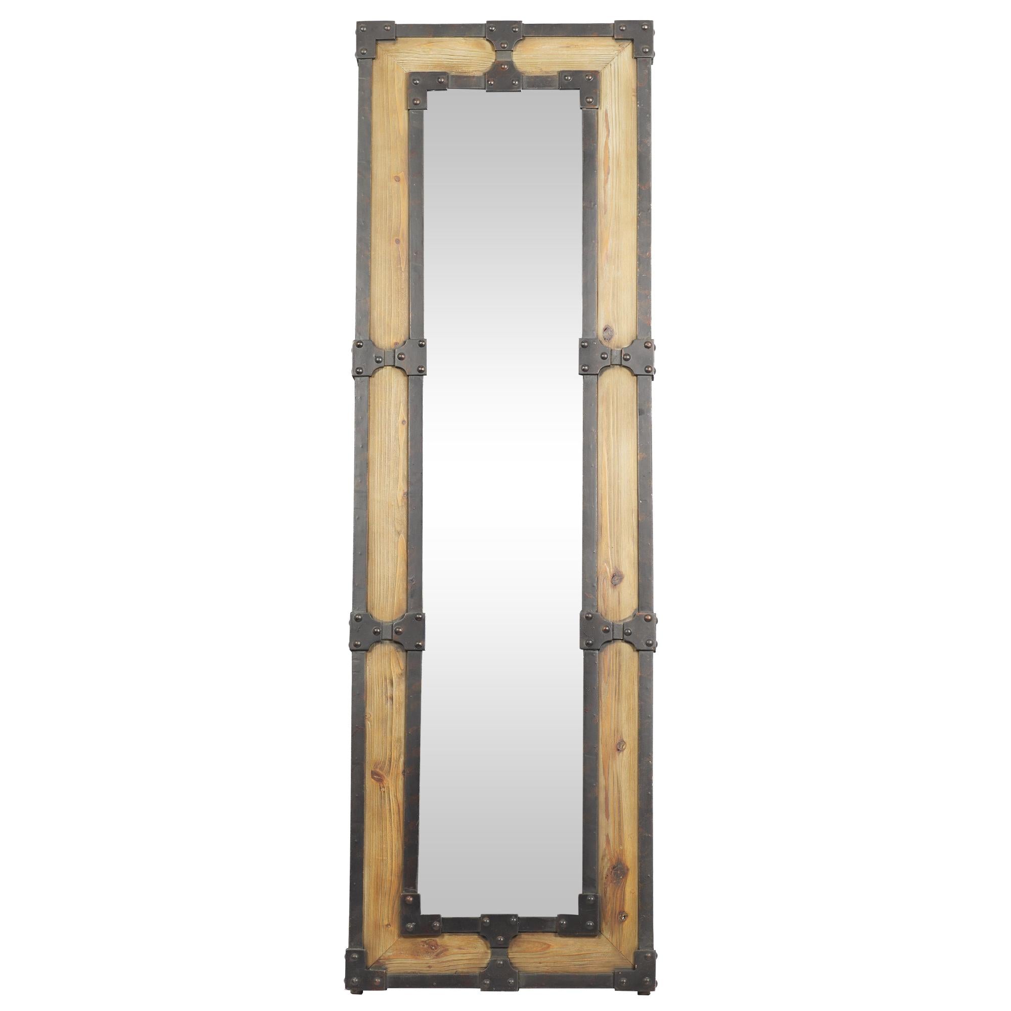 Brown Wood Room Floor Mirror with Black Studded Frame and Foldable Stand