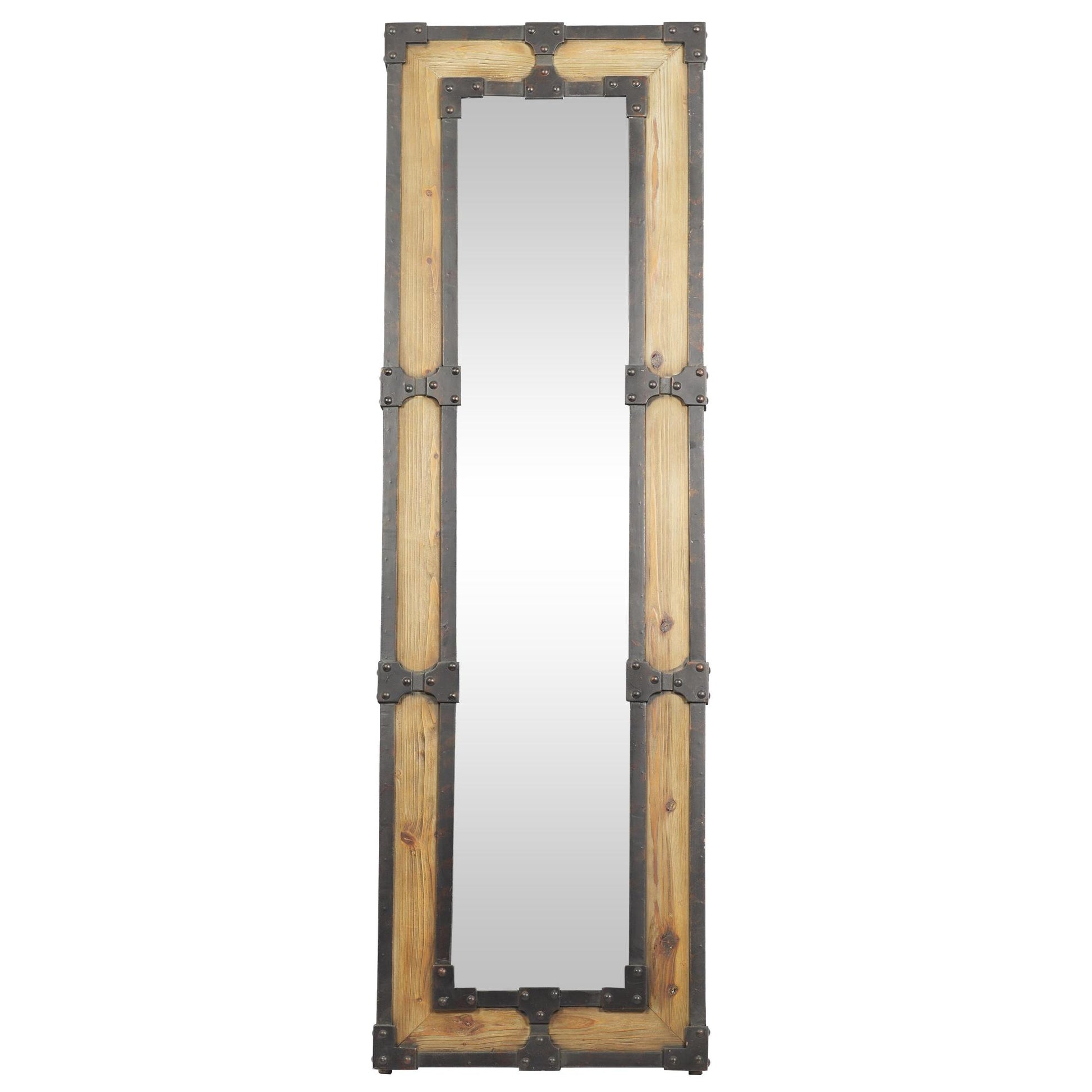 Brown Wood Room Floor Mirror with Black Studded Frame and Foldable Stand