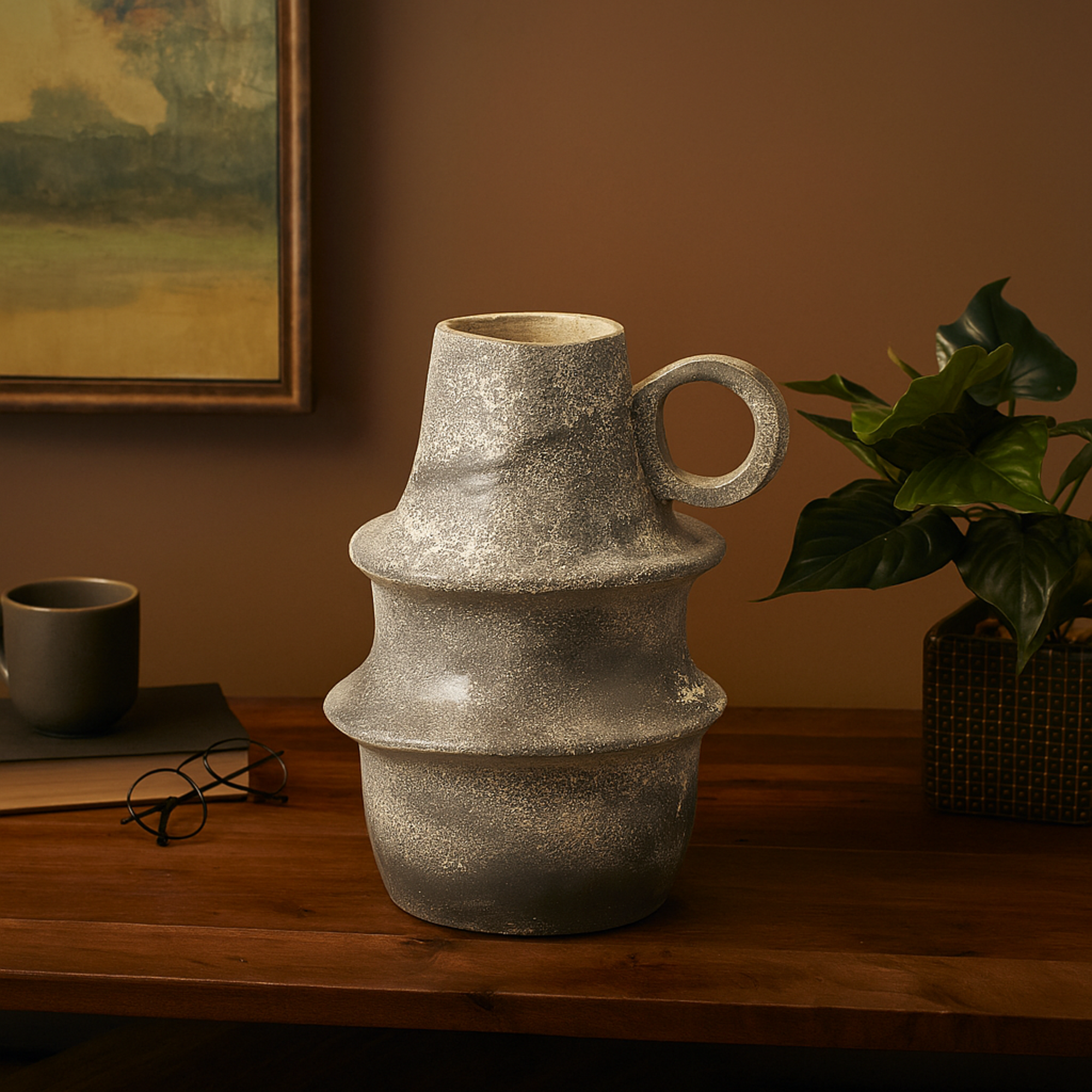 Light Gray Paper Mache Distressed Fluted Decorative Vase with Light Gray Texturing and Ring Handle
