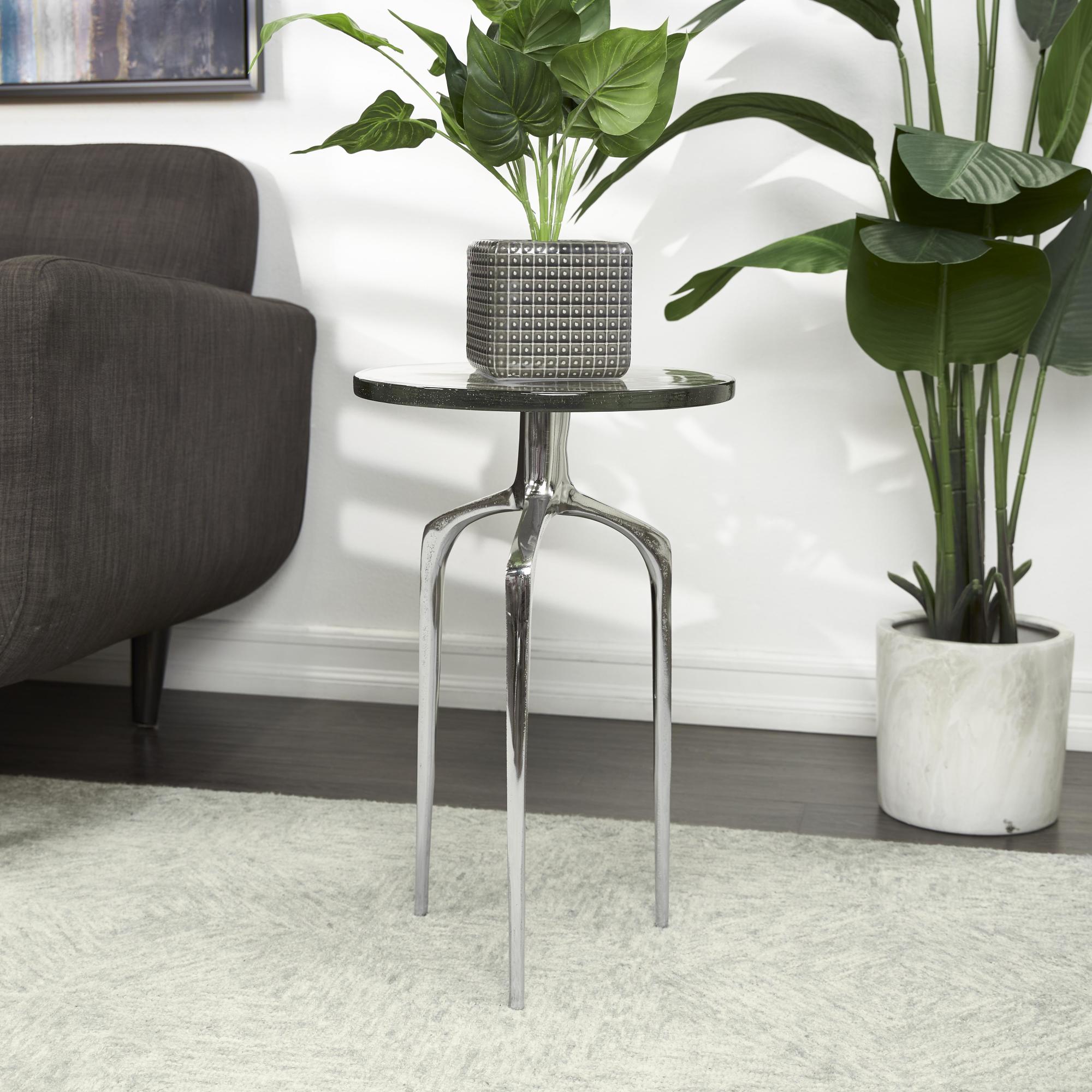 Aluminum Metal Small Tripod Side End Accent Table with Textured Glass Tabletop