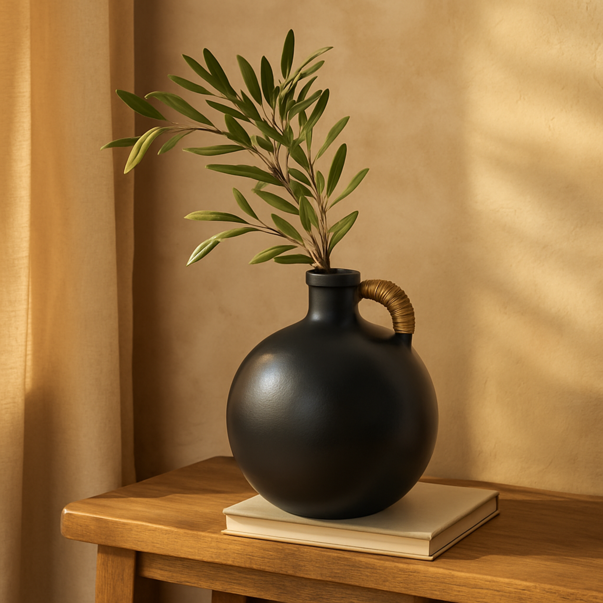 Ceramic Jug Inspired Decorative Vase with Rattan Wrapped Handle