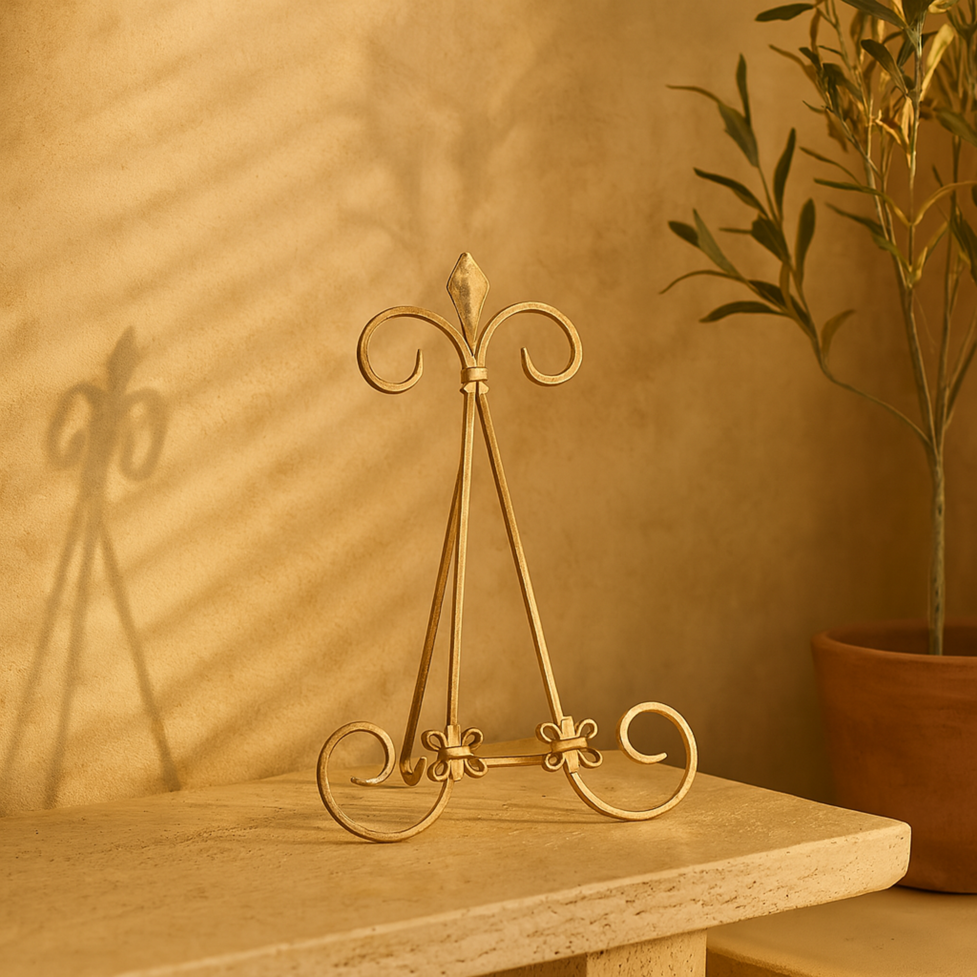 Fleur De Lis Gold Metal Tabletop Arched Display Easel with Scroll Details