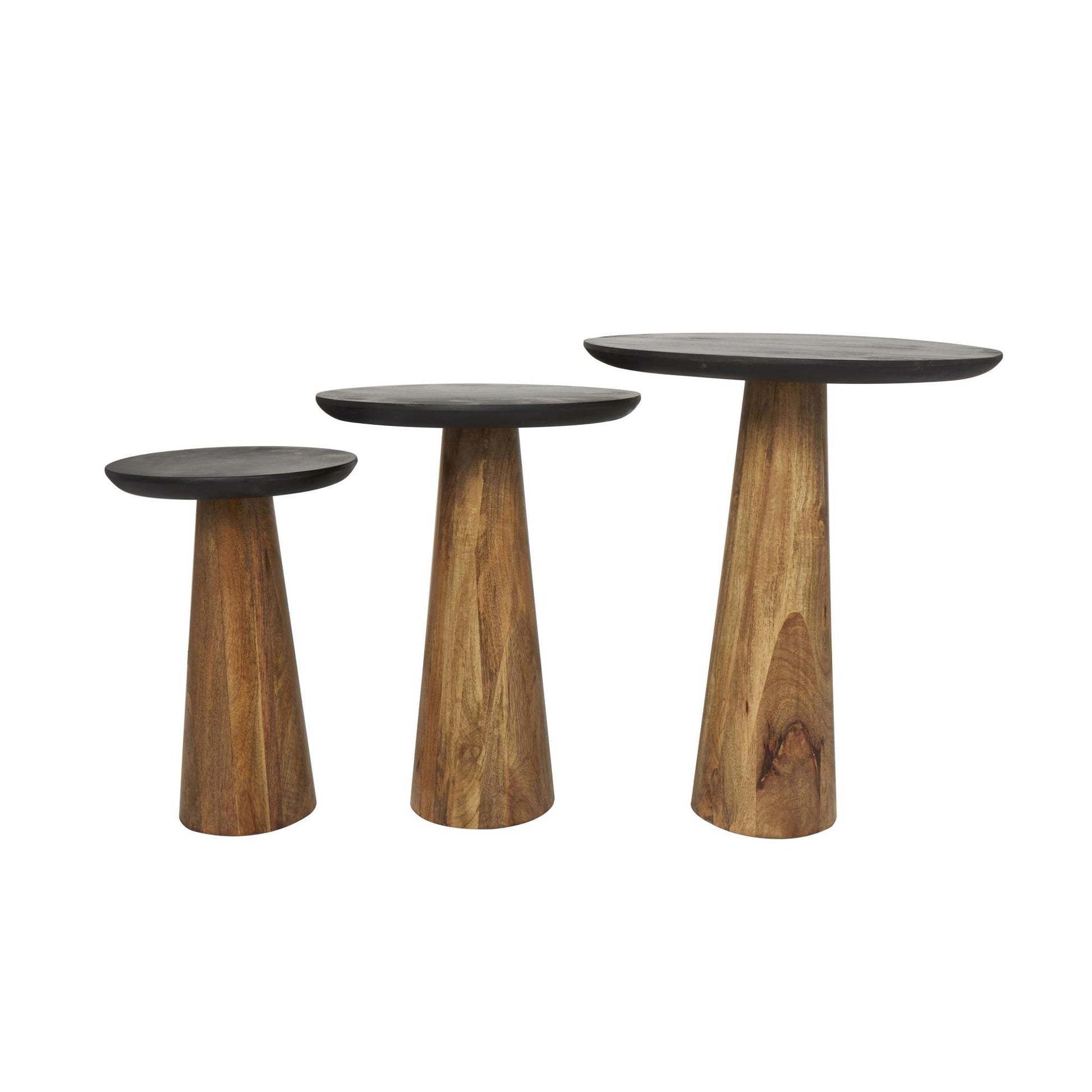 Set of 3 Brown Mango Wood Handmade Cone Shaped Side End Accent Table with Black Tabletops