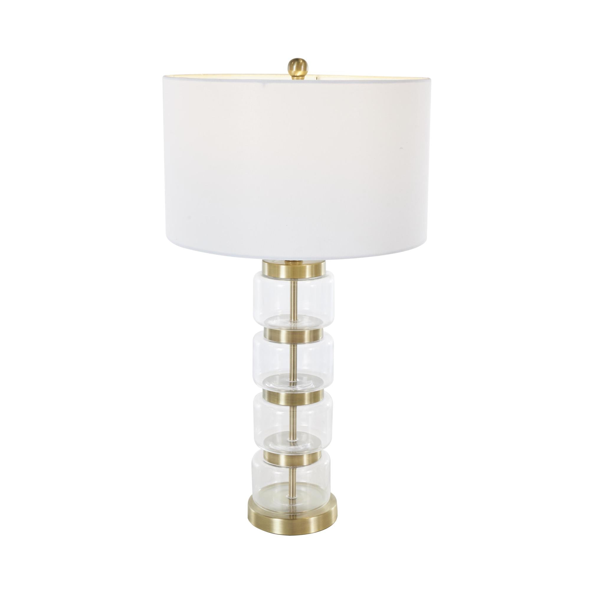 Clear Glass Stacked Jars Room Table Lamp with White Drum Shade and Gold Metal Accents