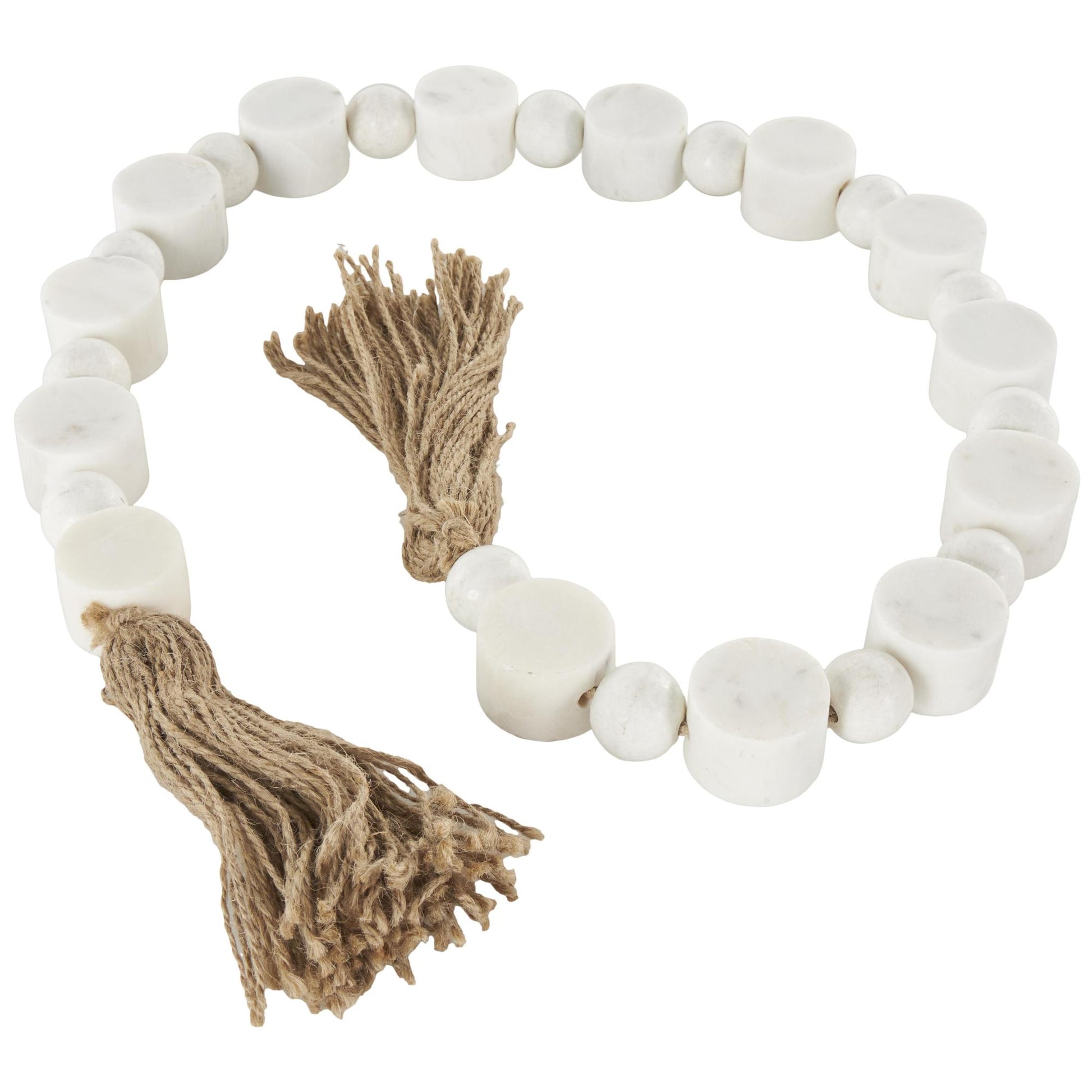 White Marble Handmade Round Extra Long Orb Beaded Garland with Tassel with Knotted Brown Jute