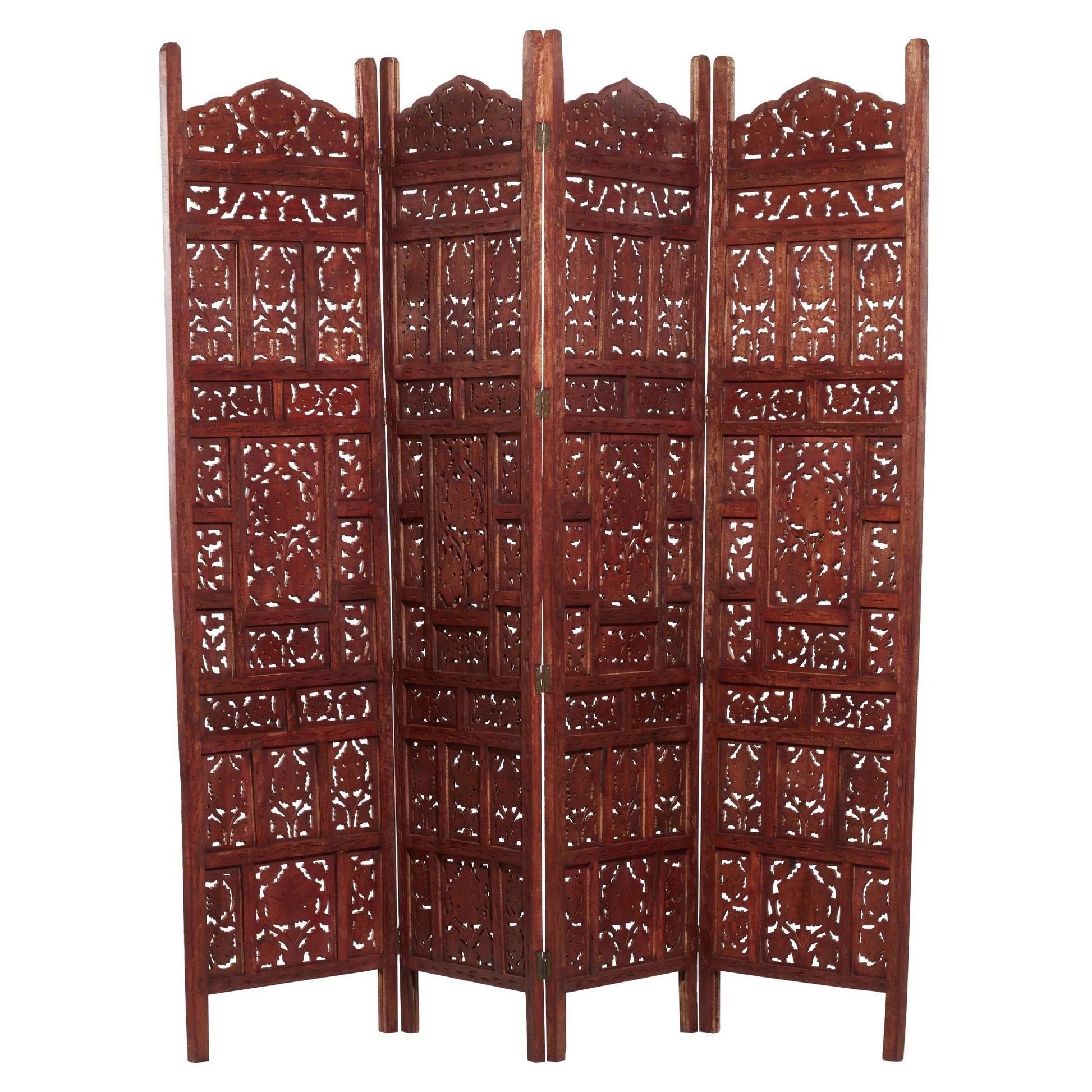 Floral Red Wood Handmade Carved Foldable Partition 4 Panel Partition Room Divider Screen