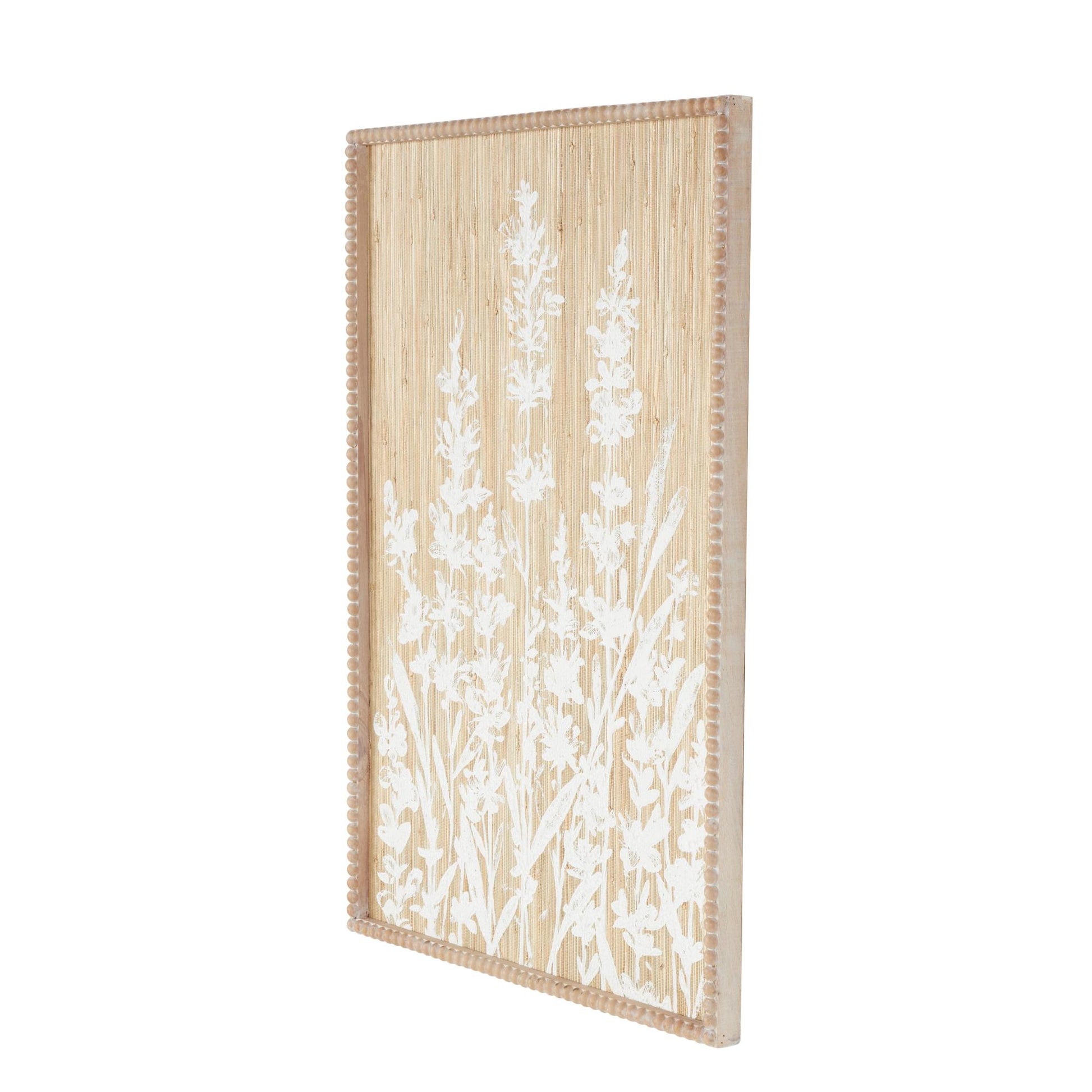 Floral Cream Wood Textured Living Room Framed Wall Art with White Painted Accents and Beaded Frame