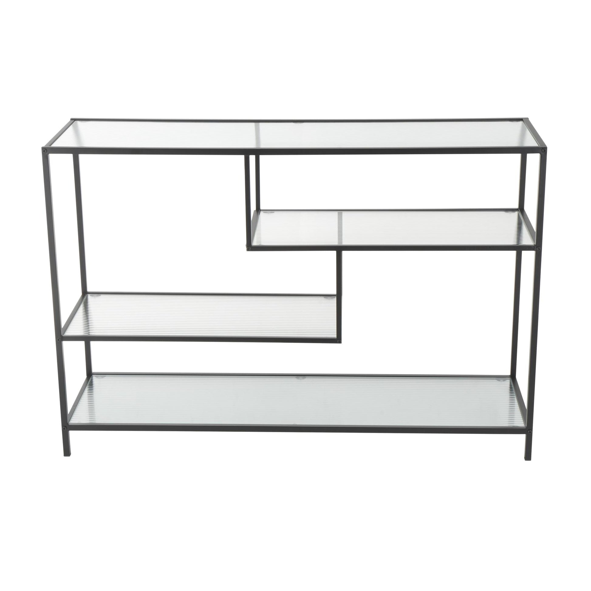 Geometric Black Metal 4 Shelf Living Room Console Table with Clear Glass Shelves