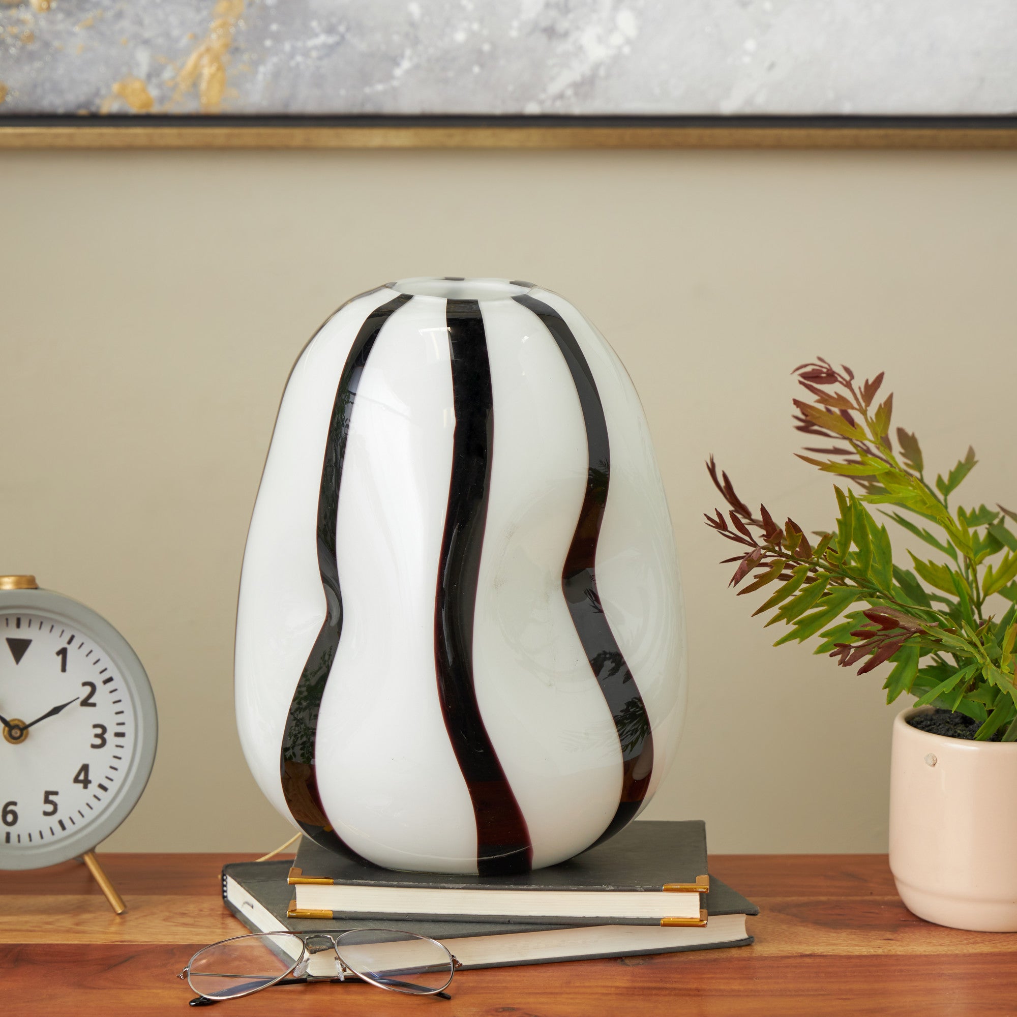 White Glass Concaved Round Decorative Vase with Black Stripes