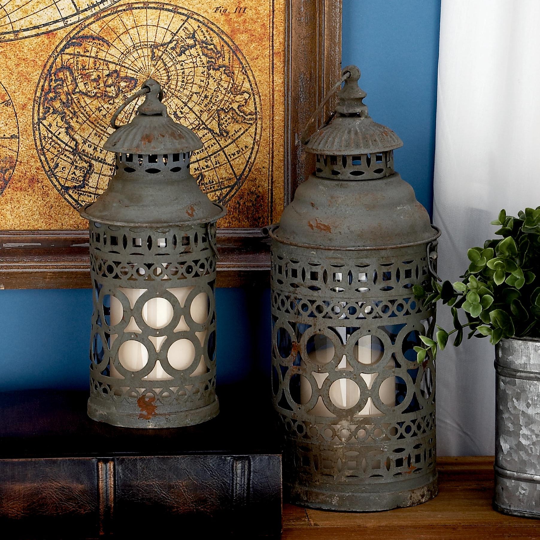 Set of 2 Scroll Black Metal Decorative Indoor Outdoor Candle Lantern with Ring Handle