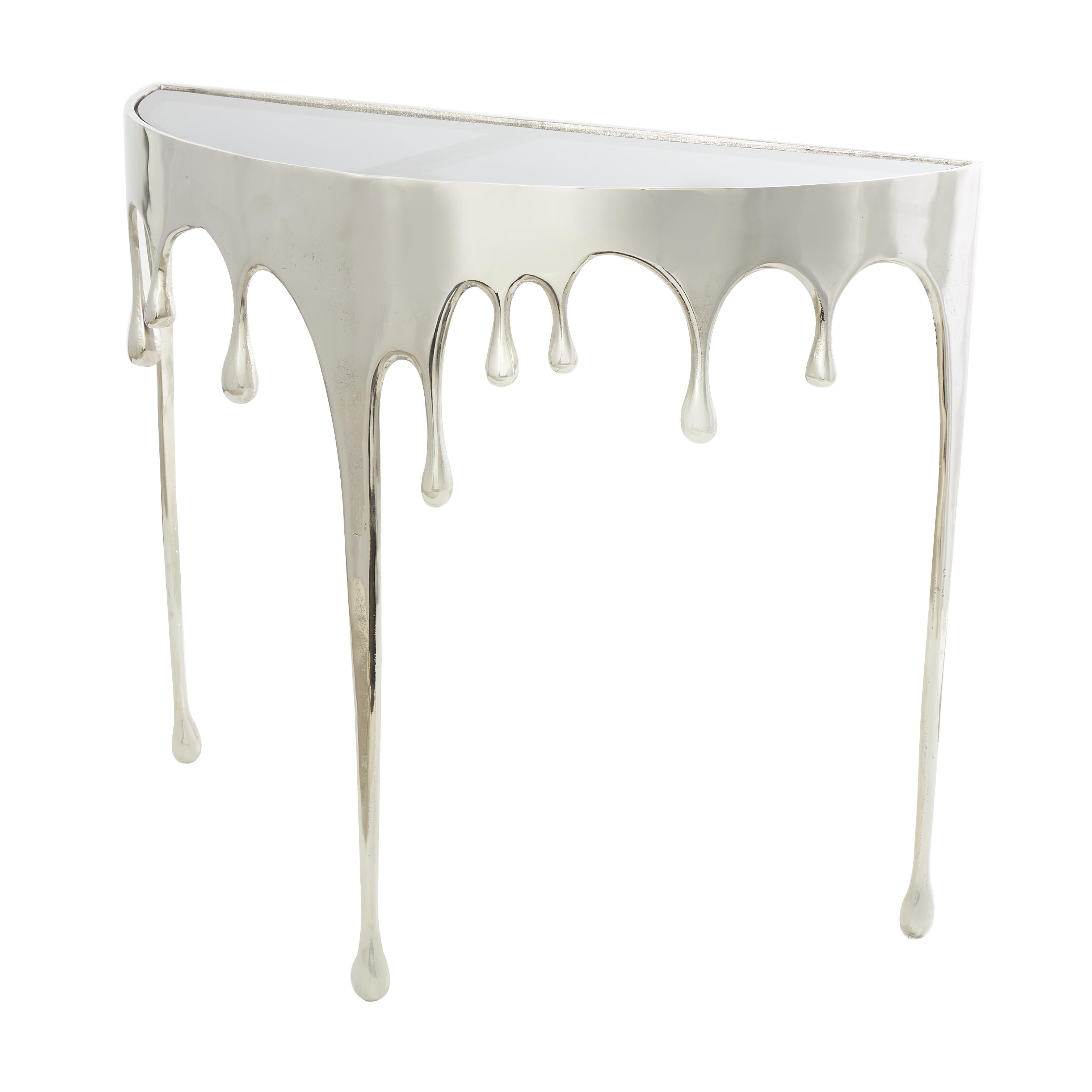 Abstract Aluminum Metal Crescent Drip Living Room Console Table with Melting Design Legs and Glass Top