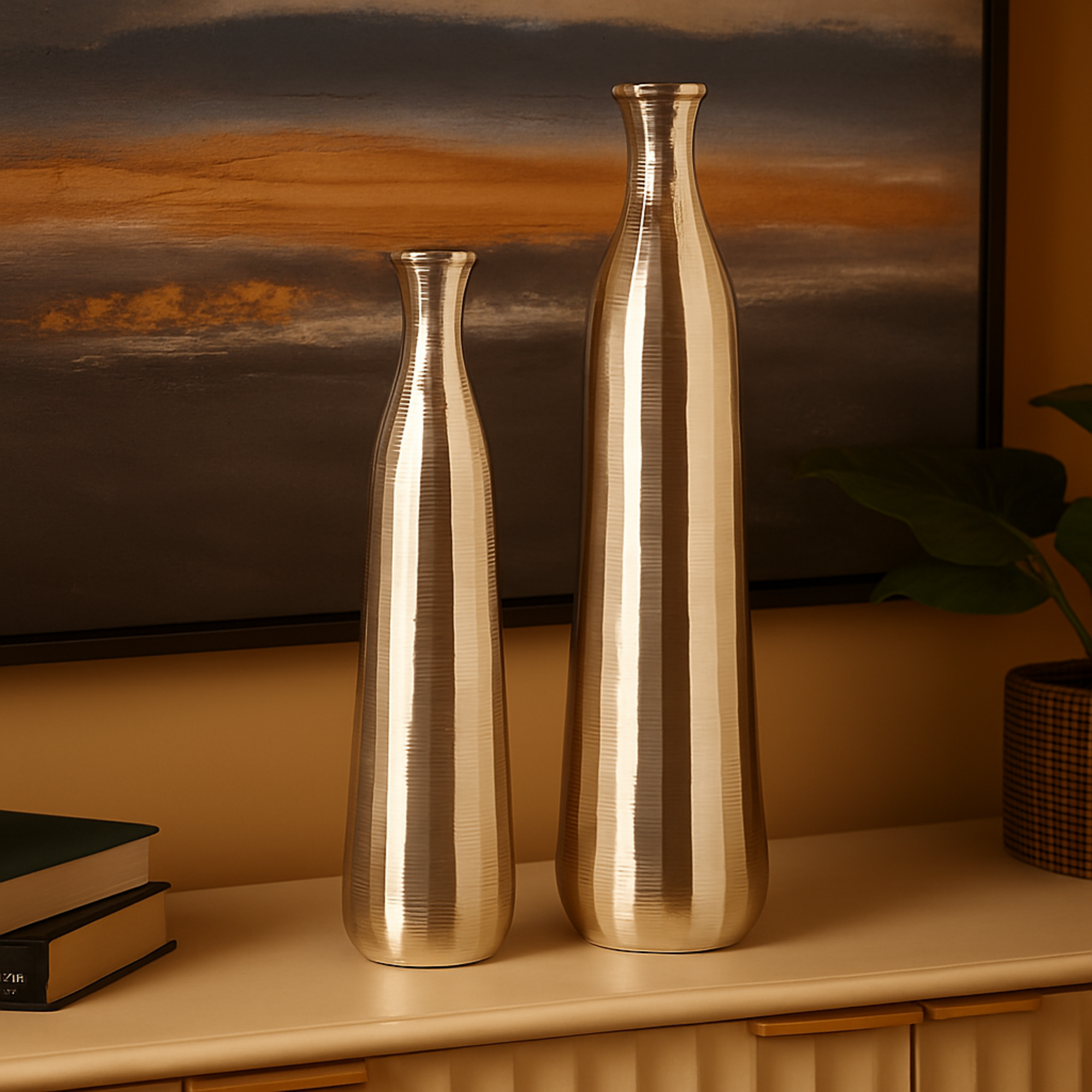 Set of 2 Aluminum Metal Decorative Vase with Wavy Accents and Textured Ridges Set of 2 20"W, 19"H