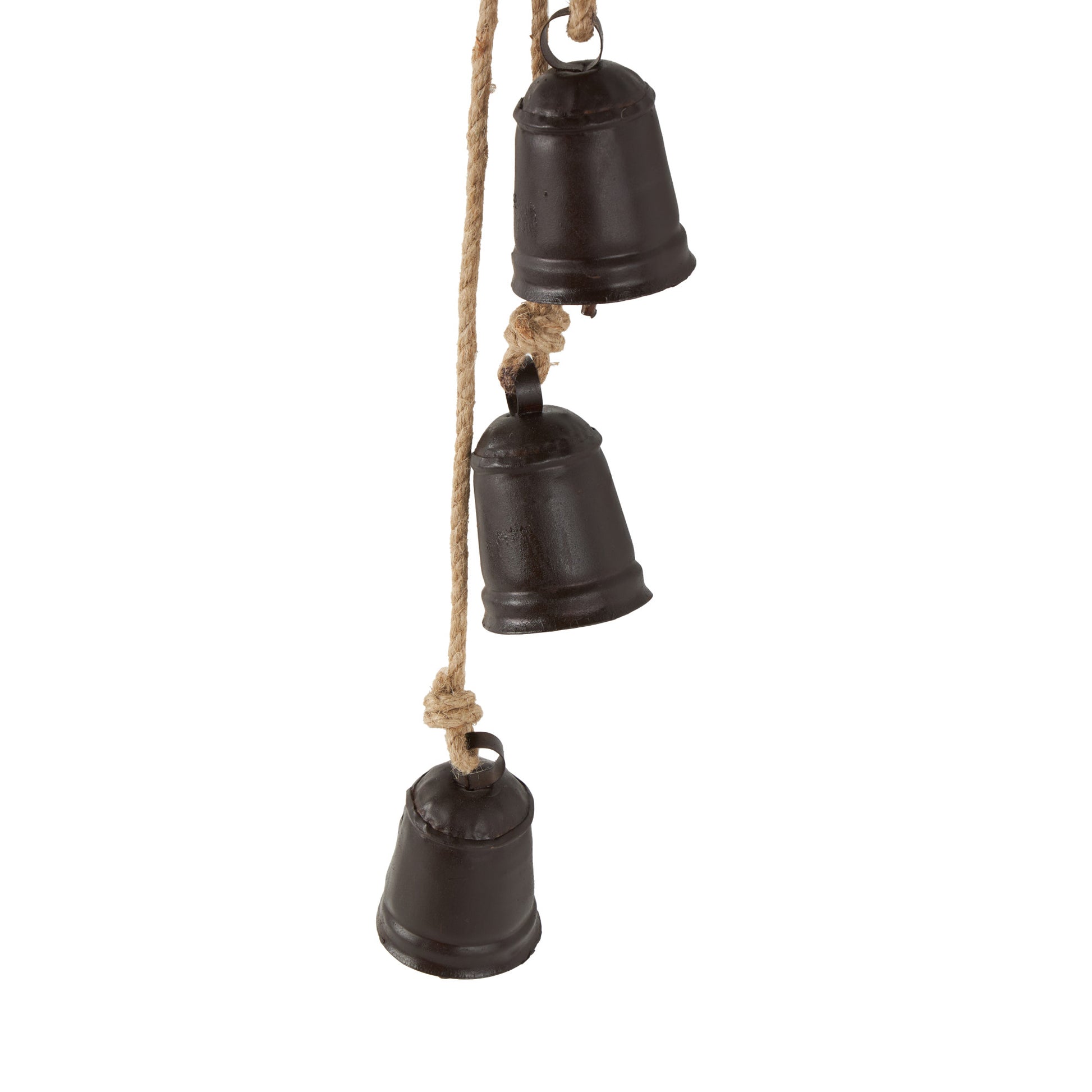 Metal Handmade Tibetan Inspired Indoor Outdoor Decorative Cow Bells with 4 Bells on Jute Hanging Rope