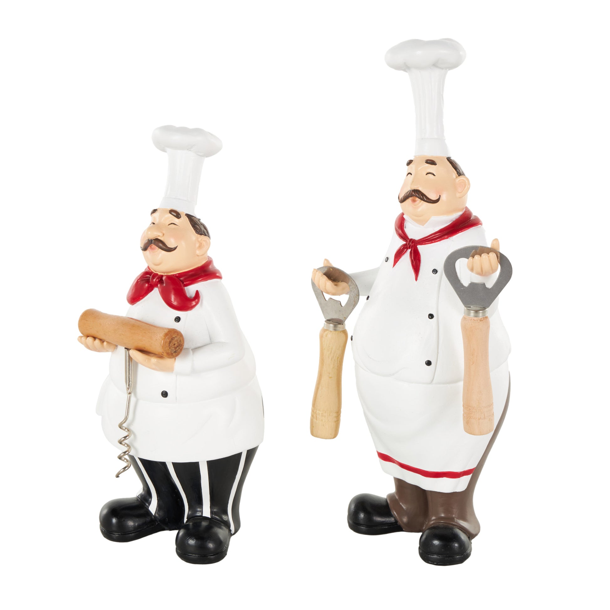 Set of 2 Chef White Polystone Kitchen Bottle Opener Holder Decorative Sculpture with Corkscrew