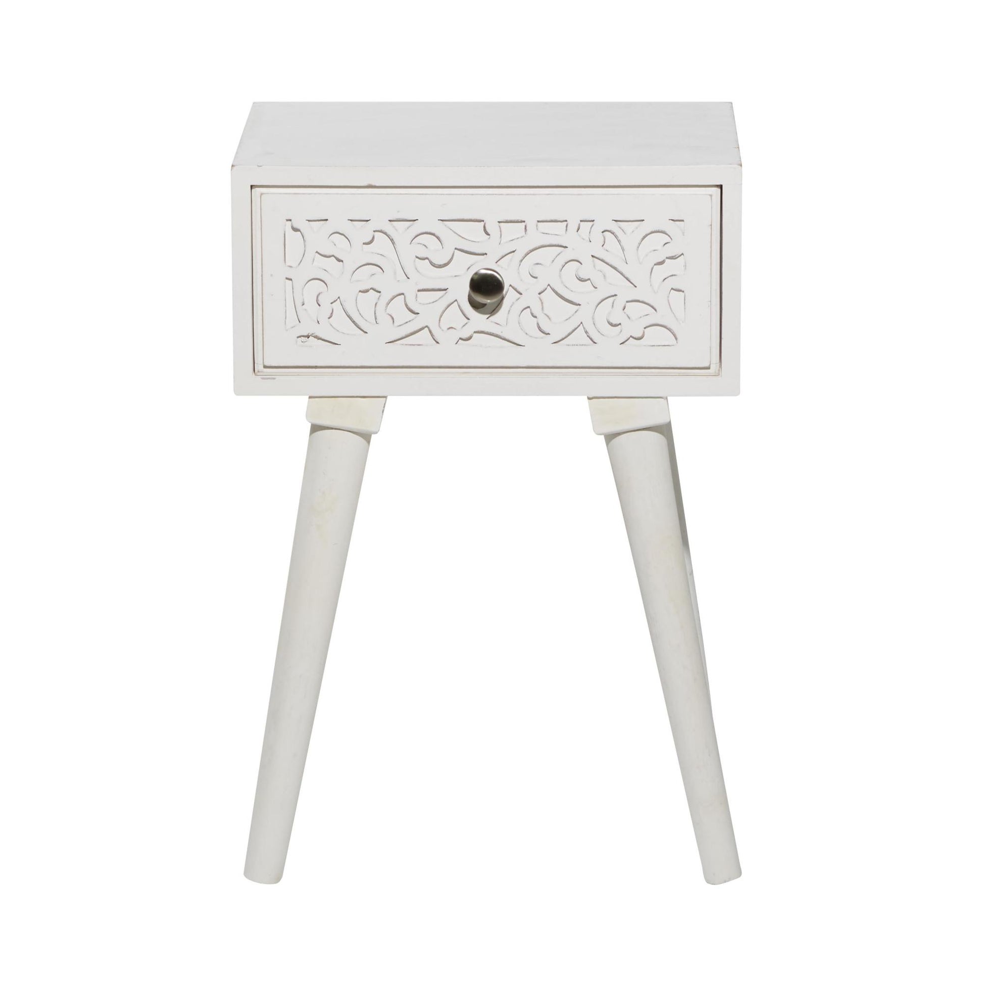 Scroll White Mango Wood Intricately Carved Single Drawer Side End Accent Table