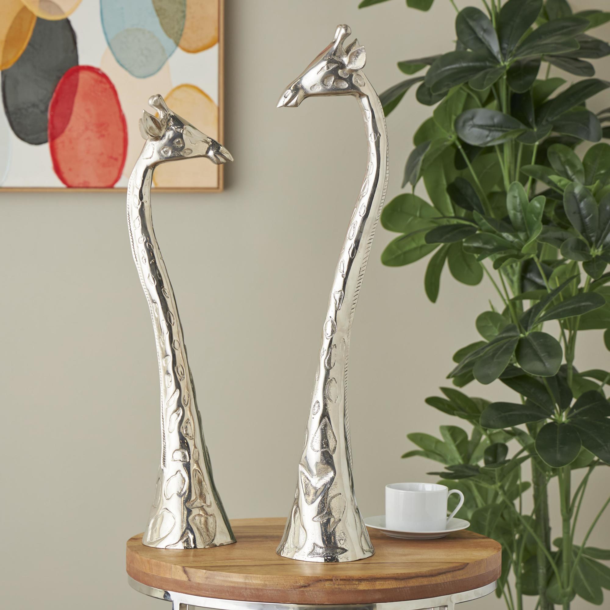 Set of 2 Giraffe Silver Aluminum Metal Tall Decorative Sculpture with Spotted Texturing
